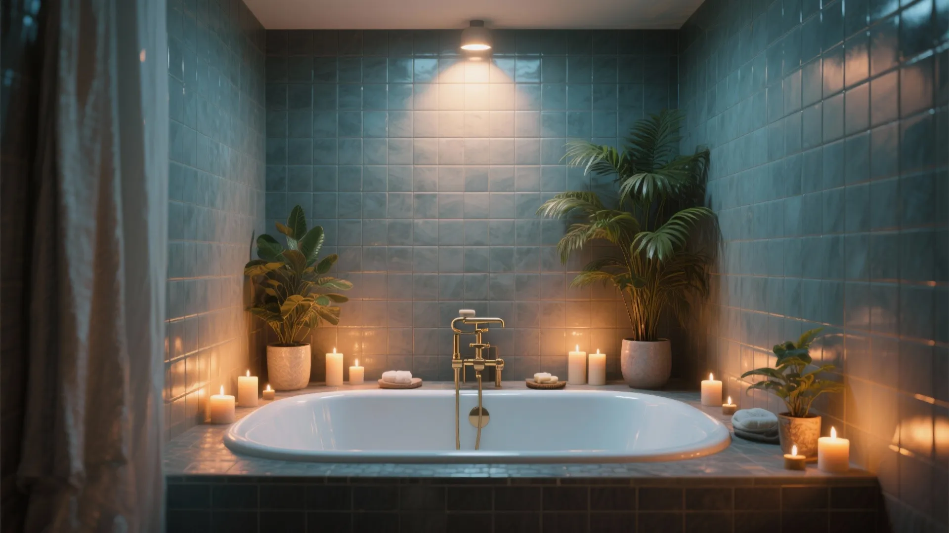 White bathtub surrounded by blue tiles green plants lit candles and gold faucet in bathroom