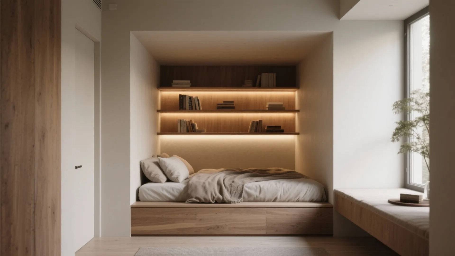 Small bed built into wall nook with wooden shelves light fixture and window seat view