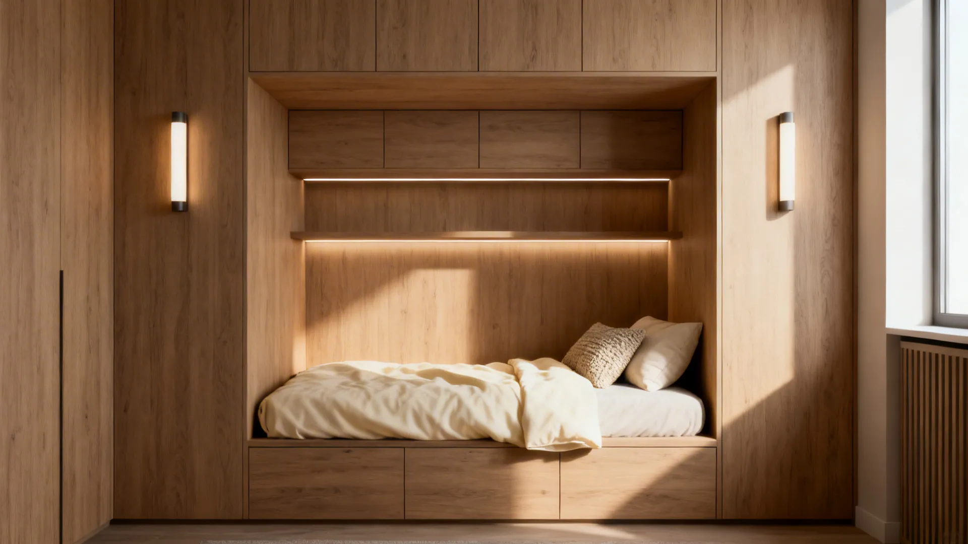 5. Built-in alcove bed with storage headboard