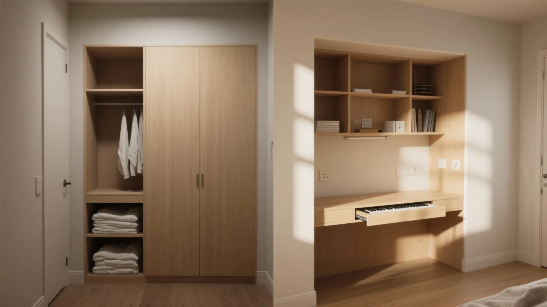 Tall wooden wardrobe next to a built in desk with shelves and a white keyboard