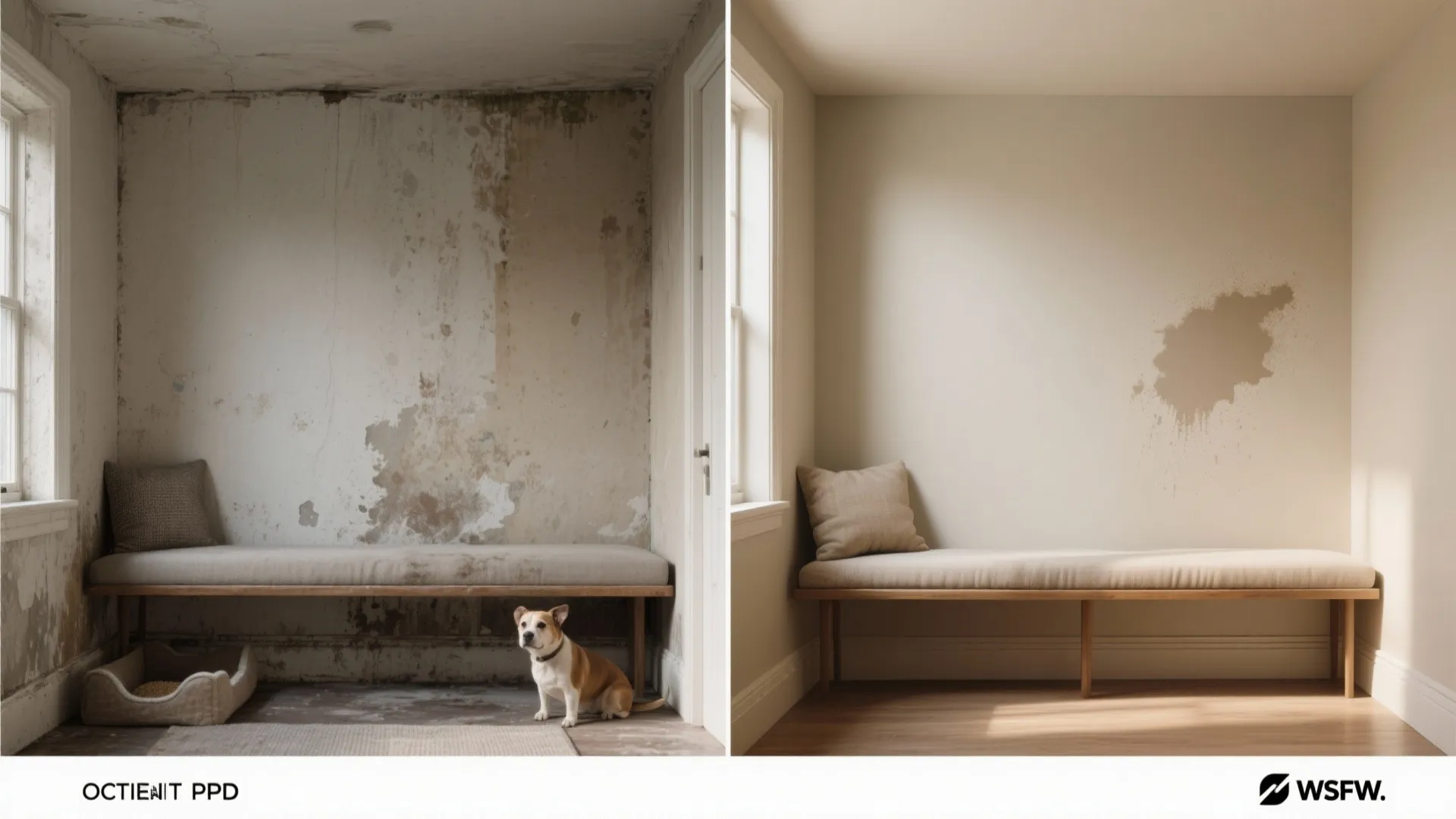 Before and after comparison showing a dirty wall transformed into a clean cream painted wall