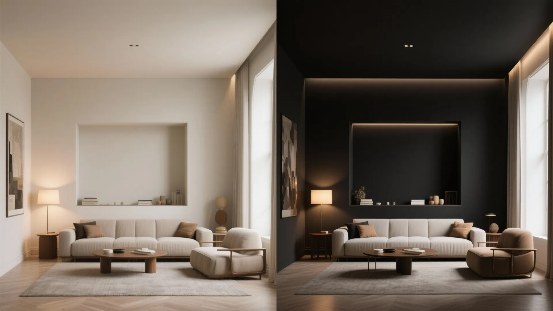 Before and after comparison of a living room showing white walls changing to dark black