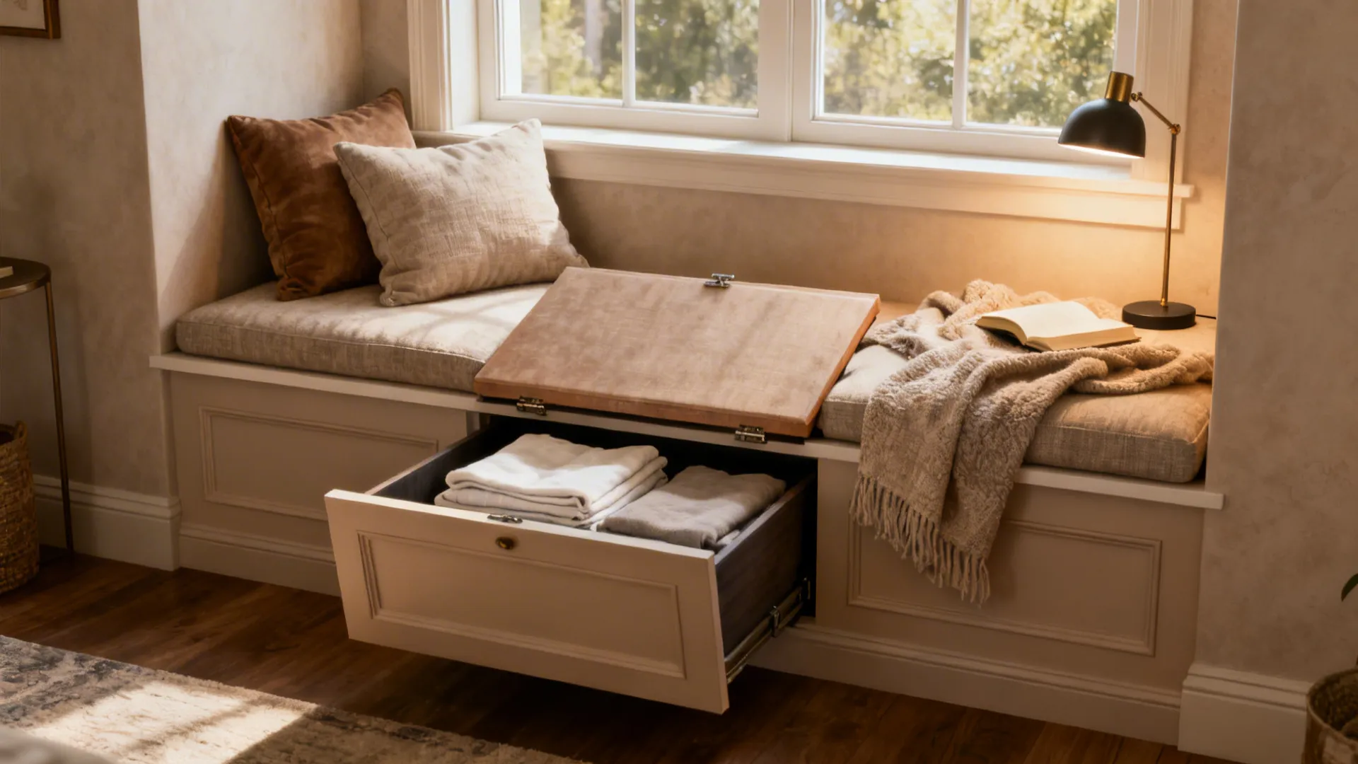 Built-in window alcove bench with hinged lid revealing hidden storage and cushions.