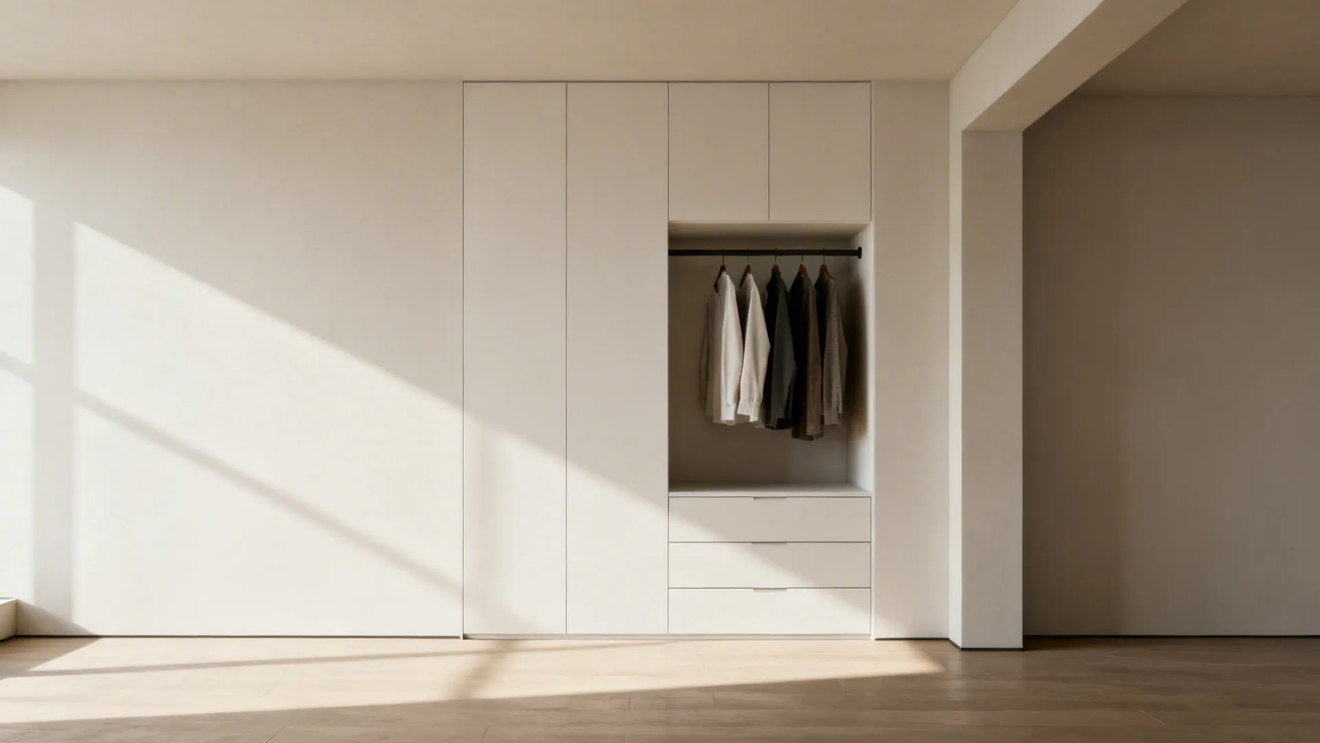 Shallow alcove transformed into built-in drawers and hanging rail with a seamless painted finish.