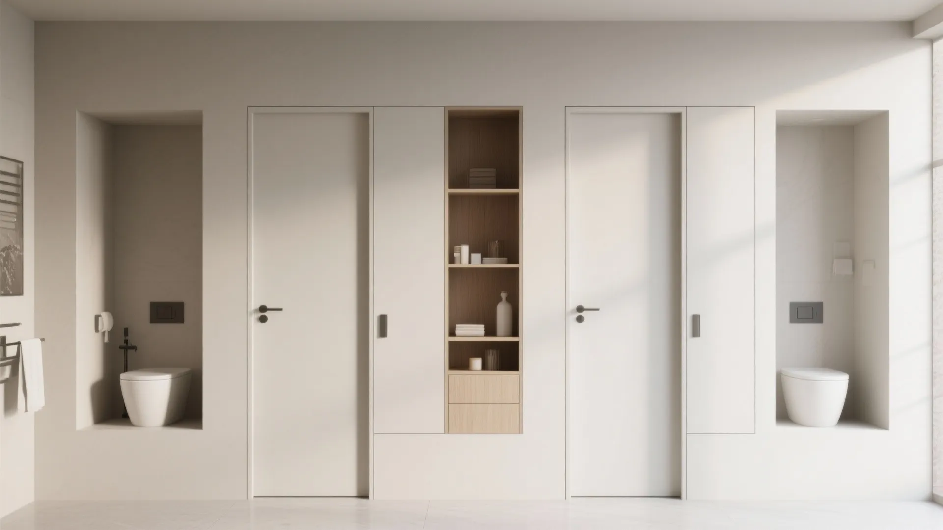 Cream colored wall with built in storage shelf white doors and two small wall toilets