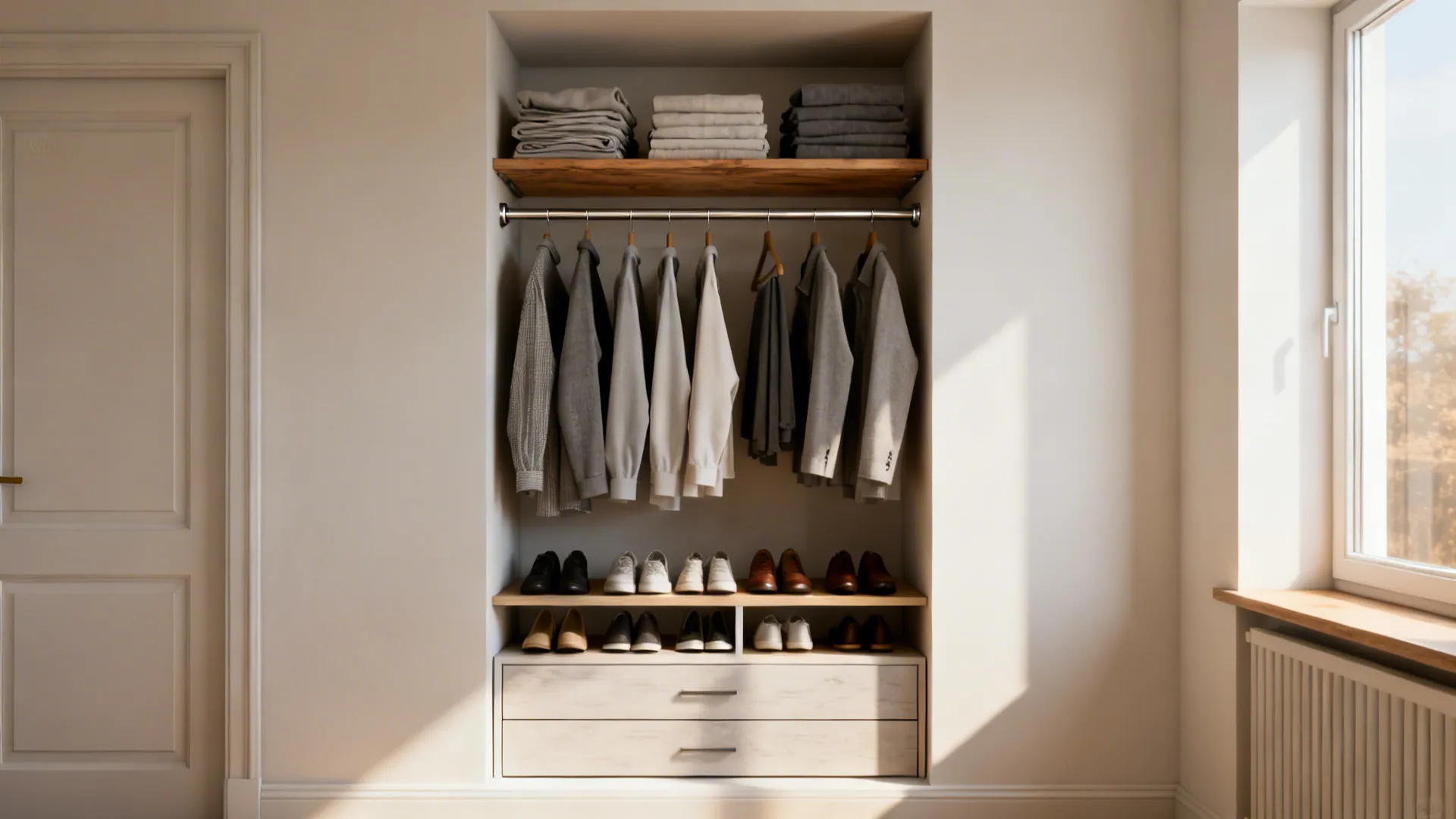 Converted alcove with double rail, shoe shelves and narrow drawers for compact clothing storage.