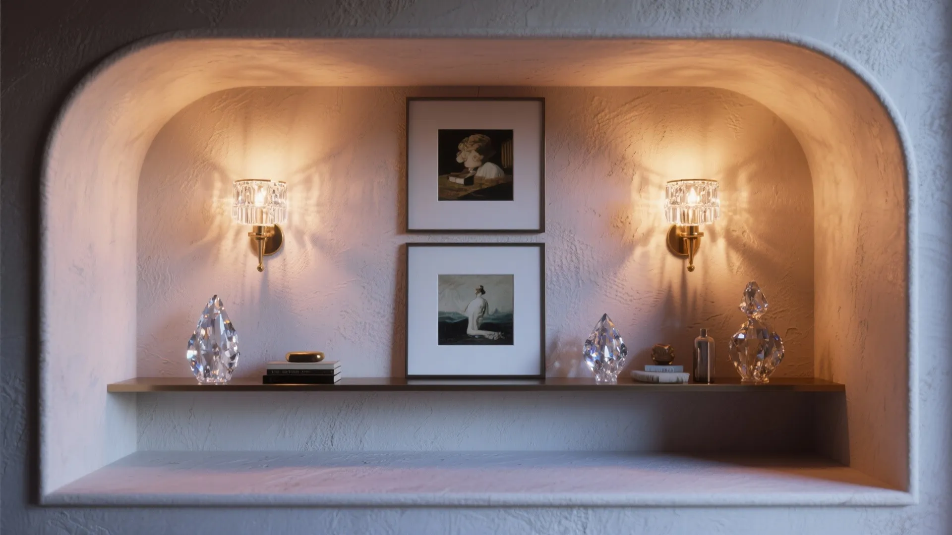 4. Accent cluster of mini crystal sconces in alcoves