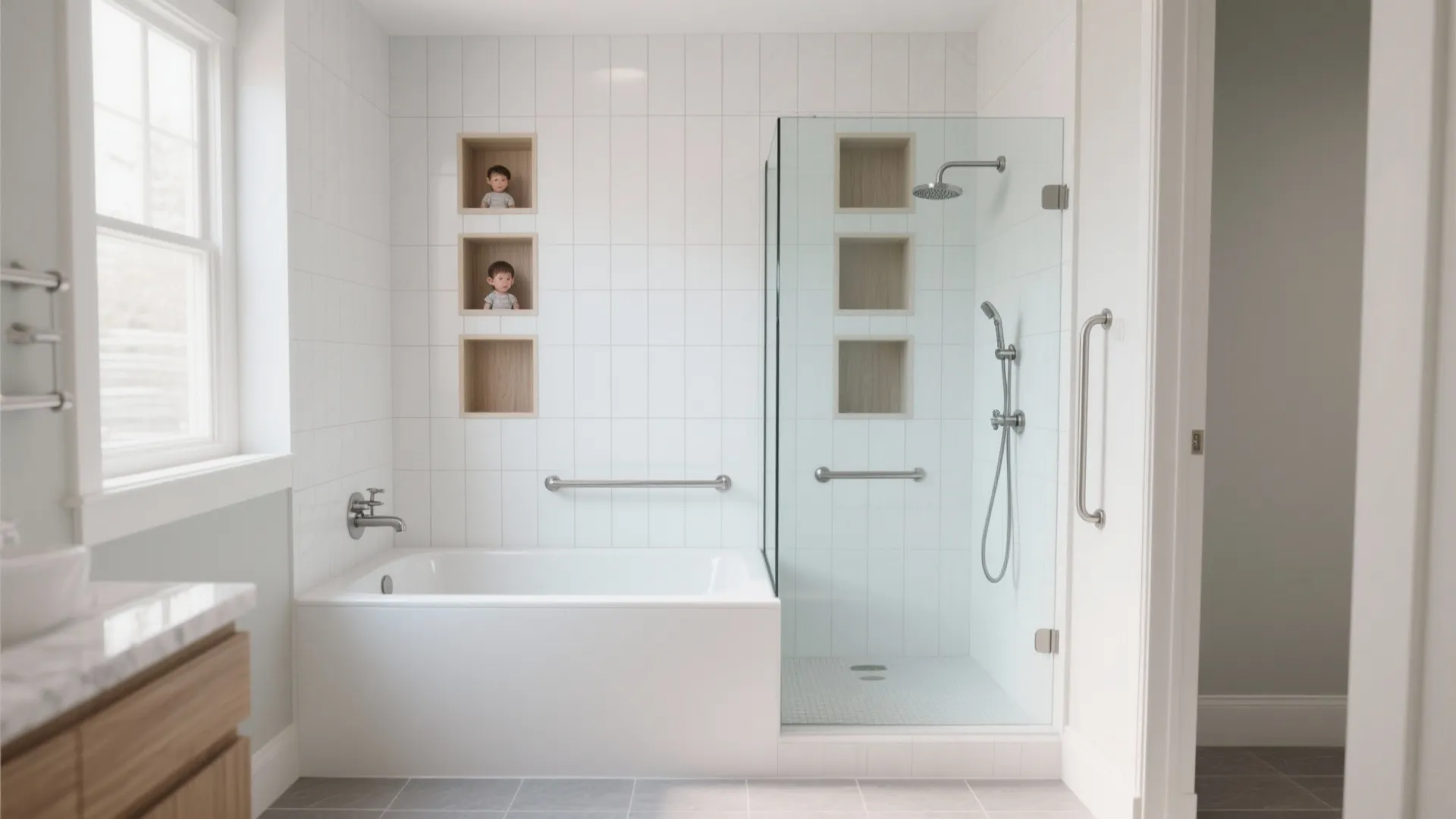 Modern alcove tub–shower combo with niches