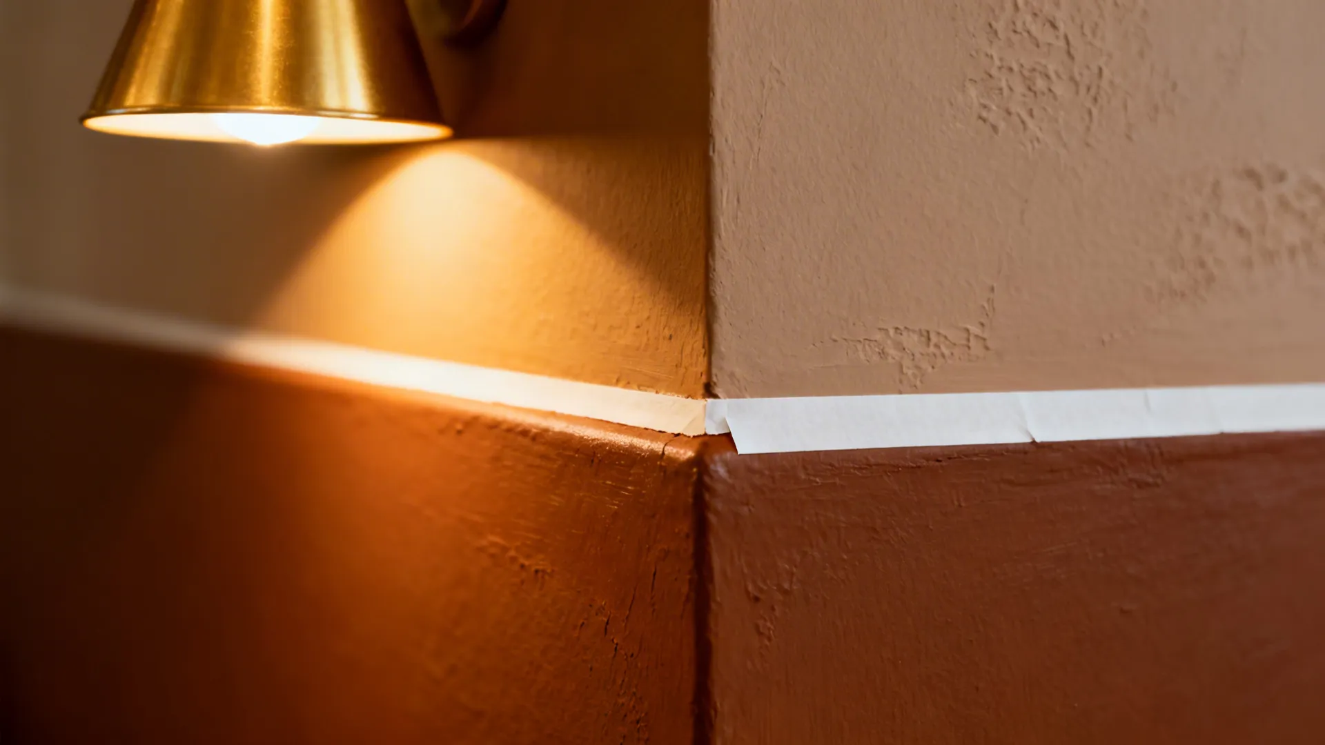 Macro of a crisp edge where a cinnamon alcove meets a white wall