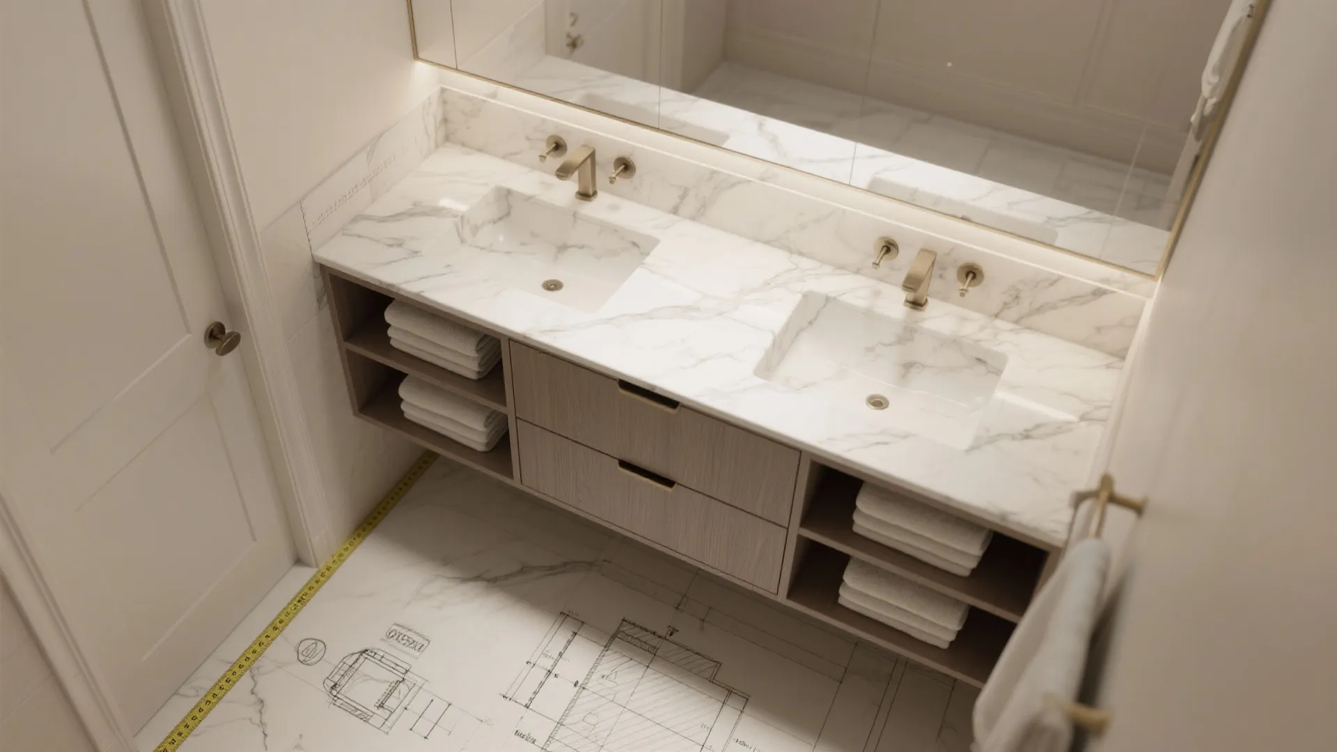 5. Custom alcove vanity with thin-profile marble and integrated storage
