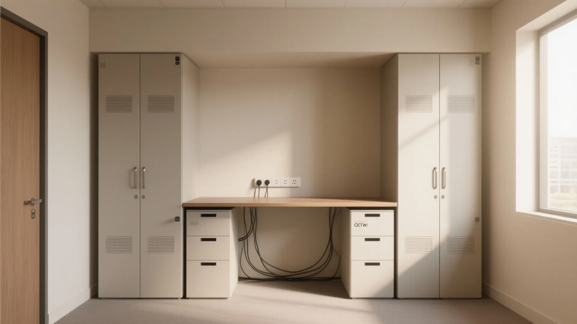 Symmetrical home office layout featuring two tall white cabinets a wooden desk and power outlets
