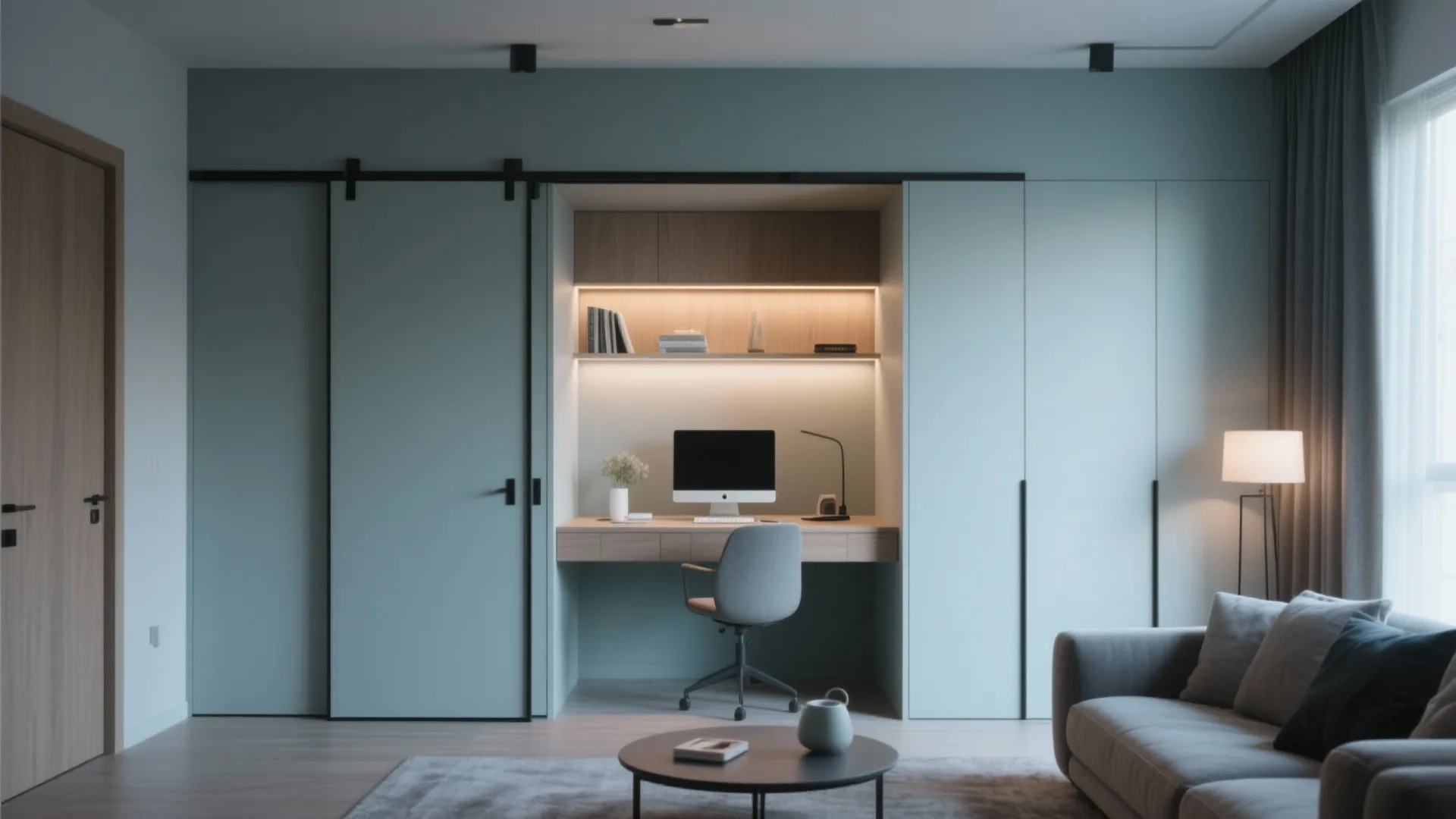 Alcove desk with sliding doors open in modern living room