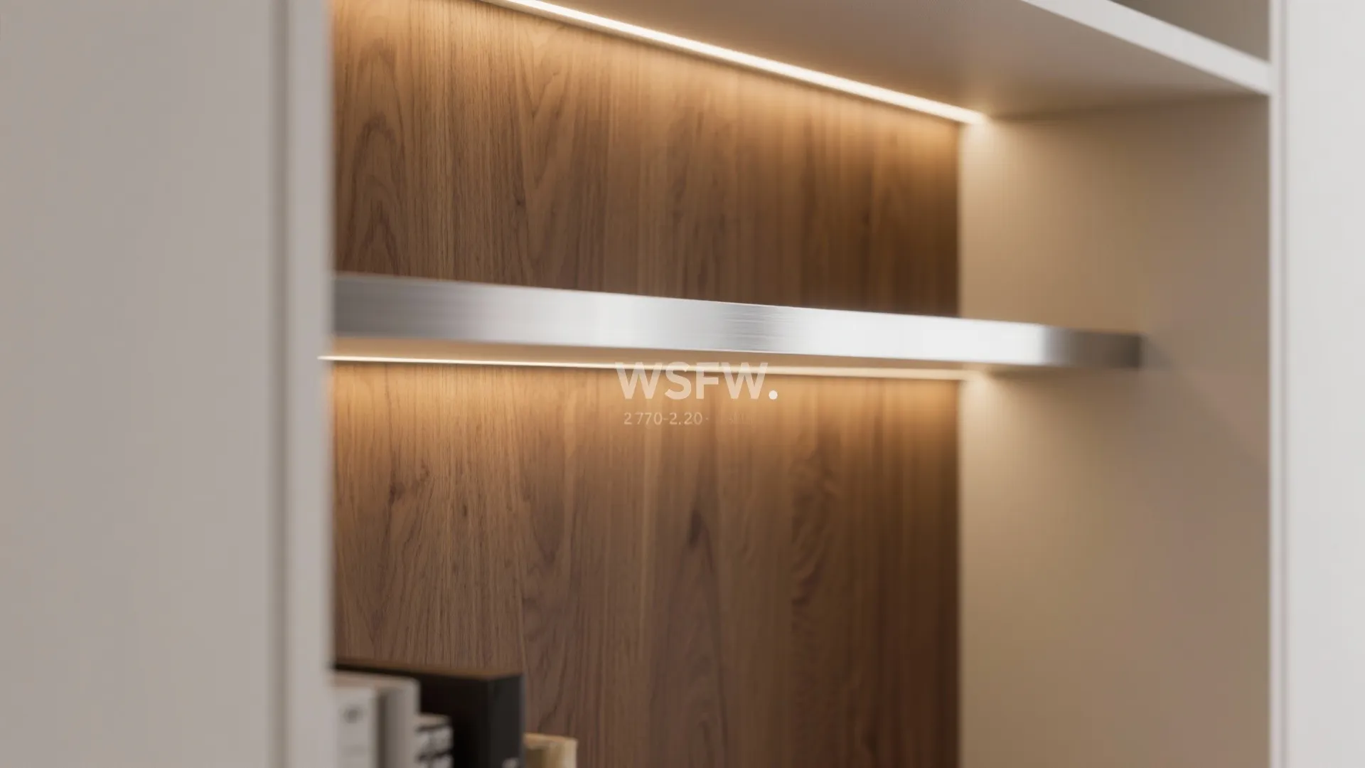 Close up view of wood wall panel with warm light strip hidden behind metal shelves