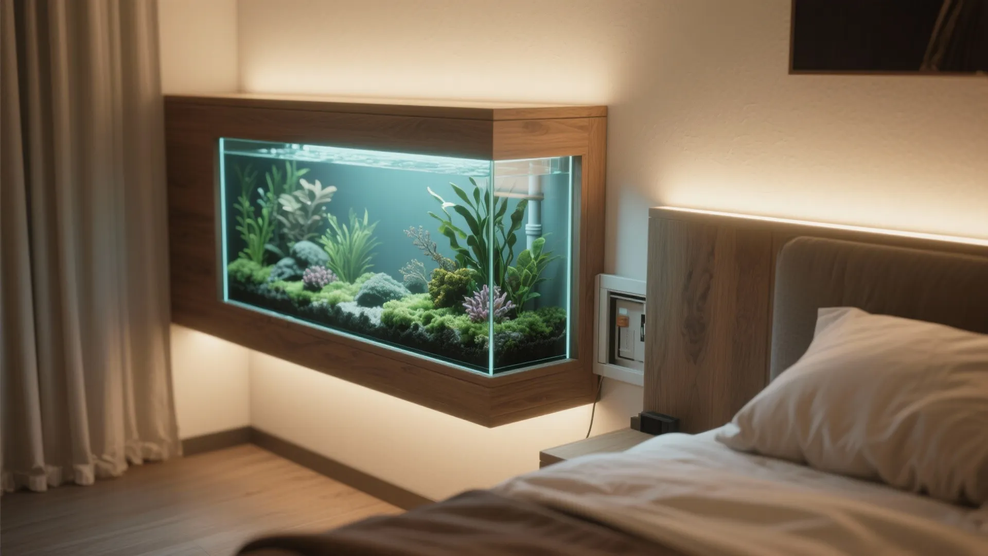 Built in wooden wall cabinet with integrated fish tank near a bed in modern bedroom