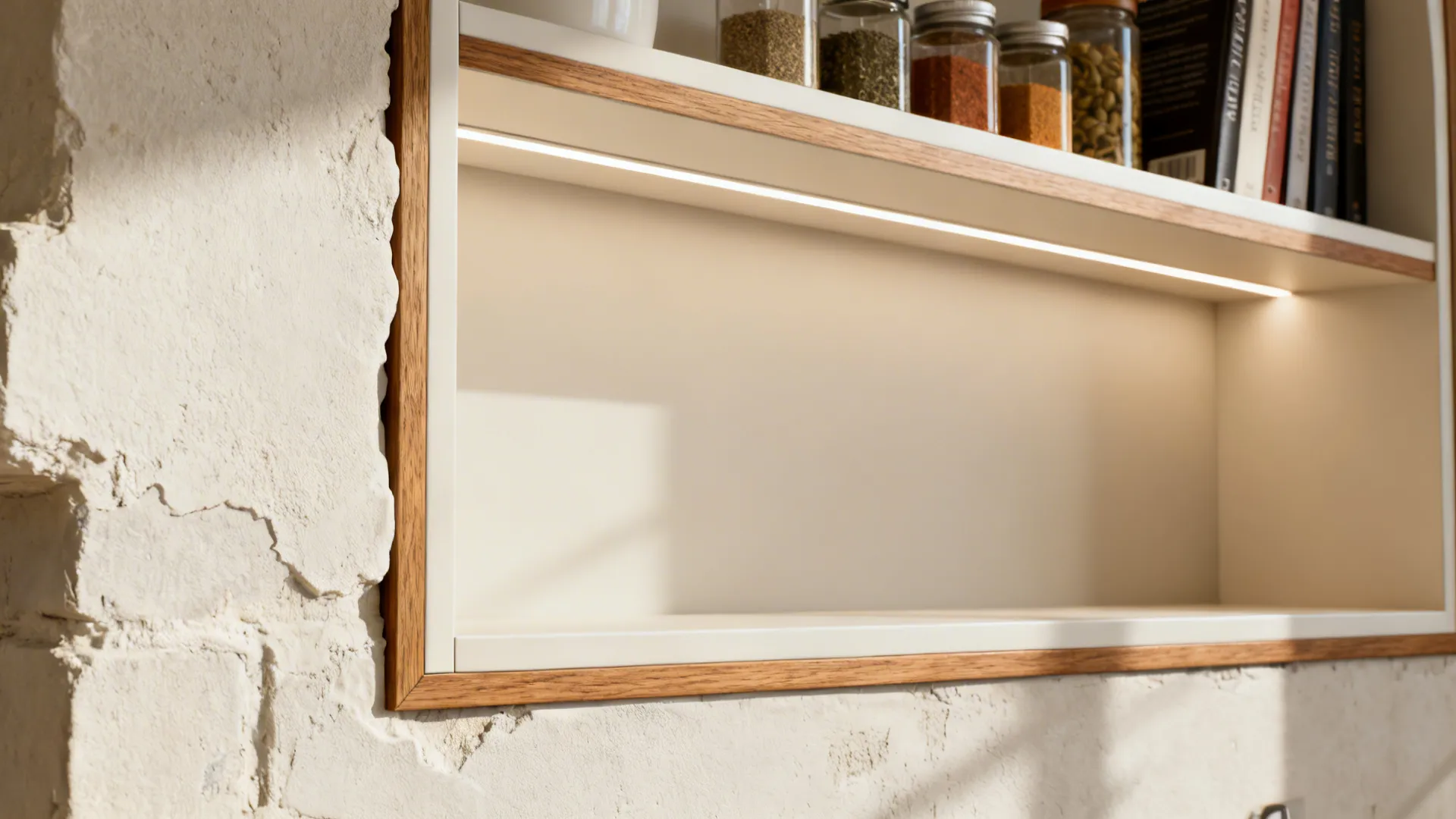 Close-up of lacquered MDF alcove shelf with oak edge and diffused LED lighting.
