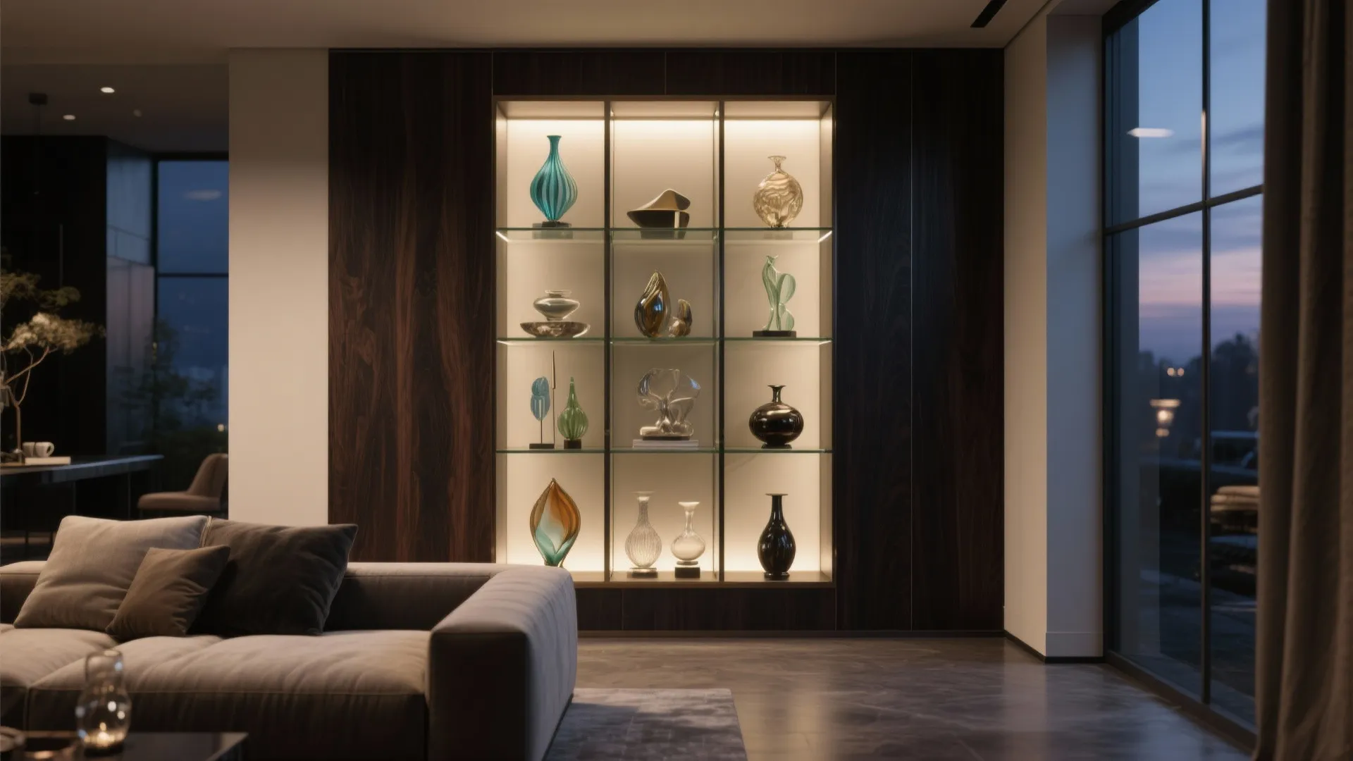 Glass-front alcove display cabinet with art collectibles and lighting