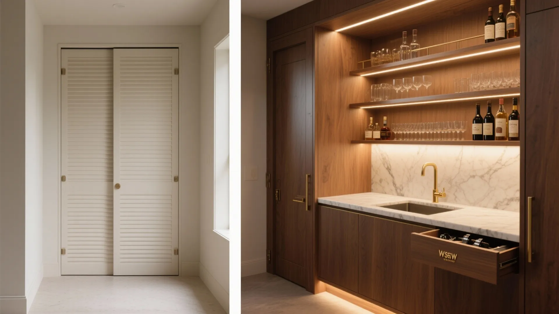 Comparison of white folding closet doors and a luxury wood bar with shelves and sink