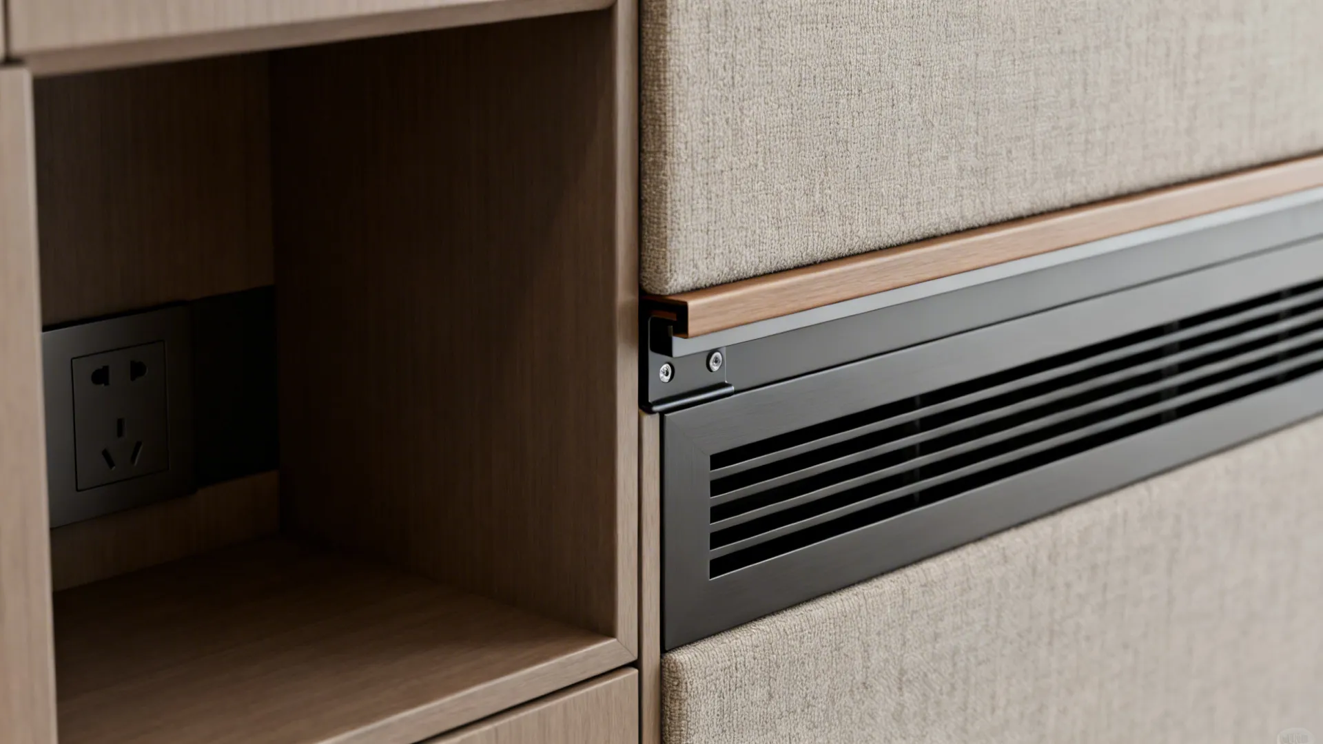 Close-up of recessed outlet, ventilation slot and acoustic panel details for alcove builds