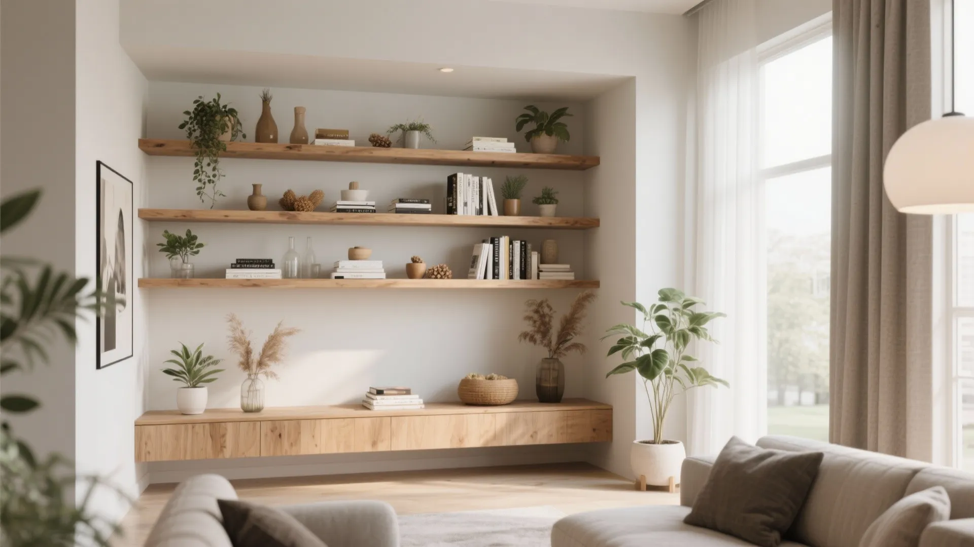 Floating shelves in a living room alcove styled with books and decor