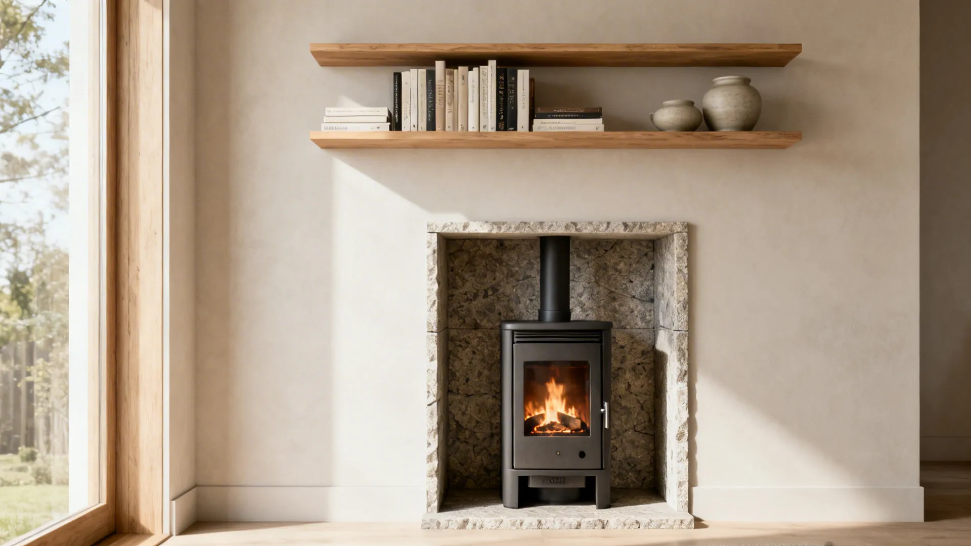 Wood burner set in a shallow alcove with floating shelves holding books and ceramics.
