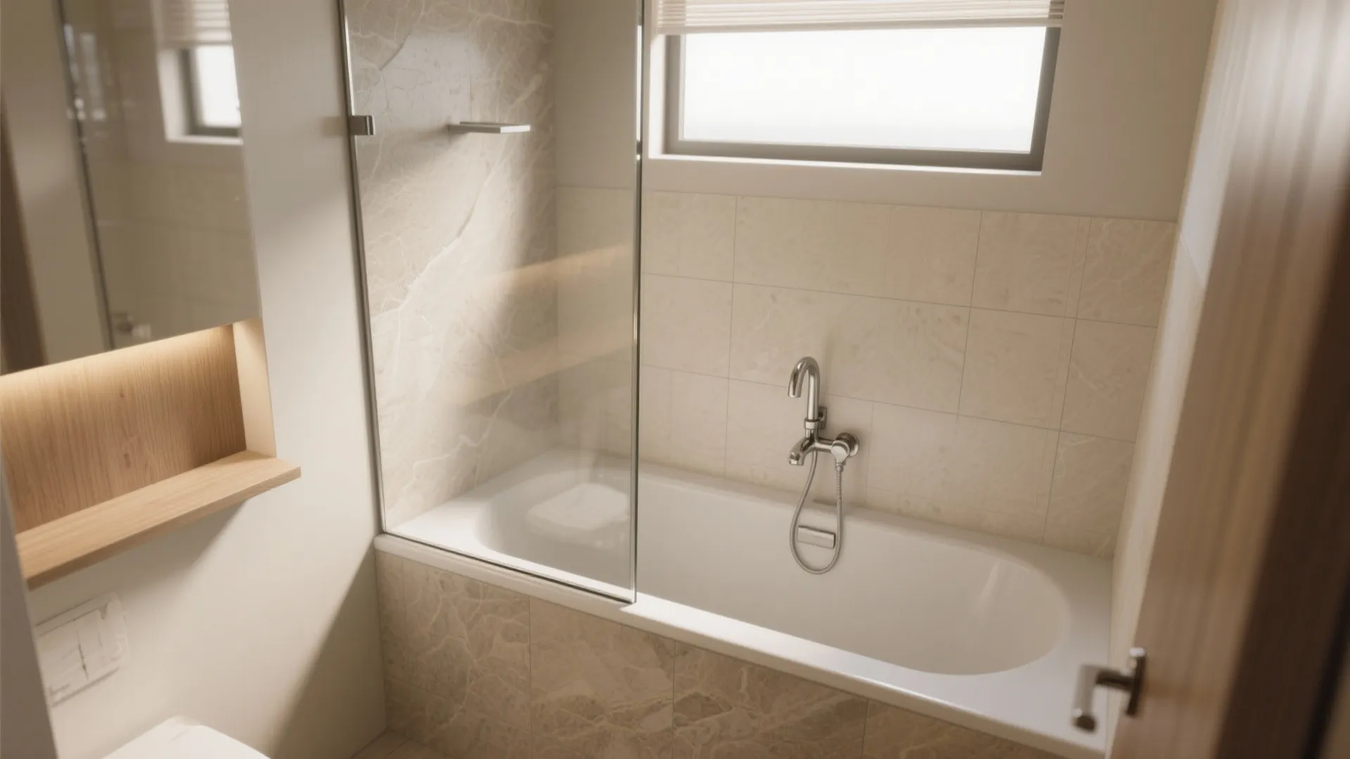 1. Alcove tub with a frameless glass divider