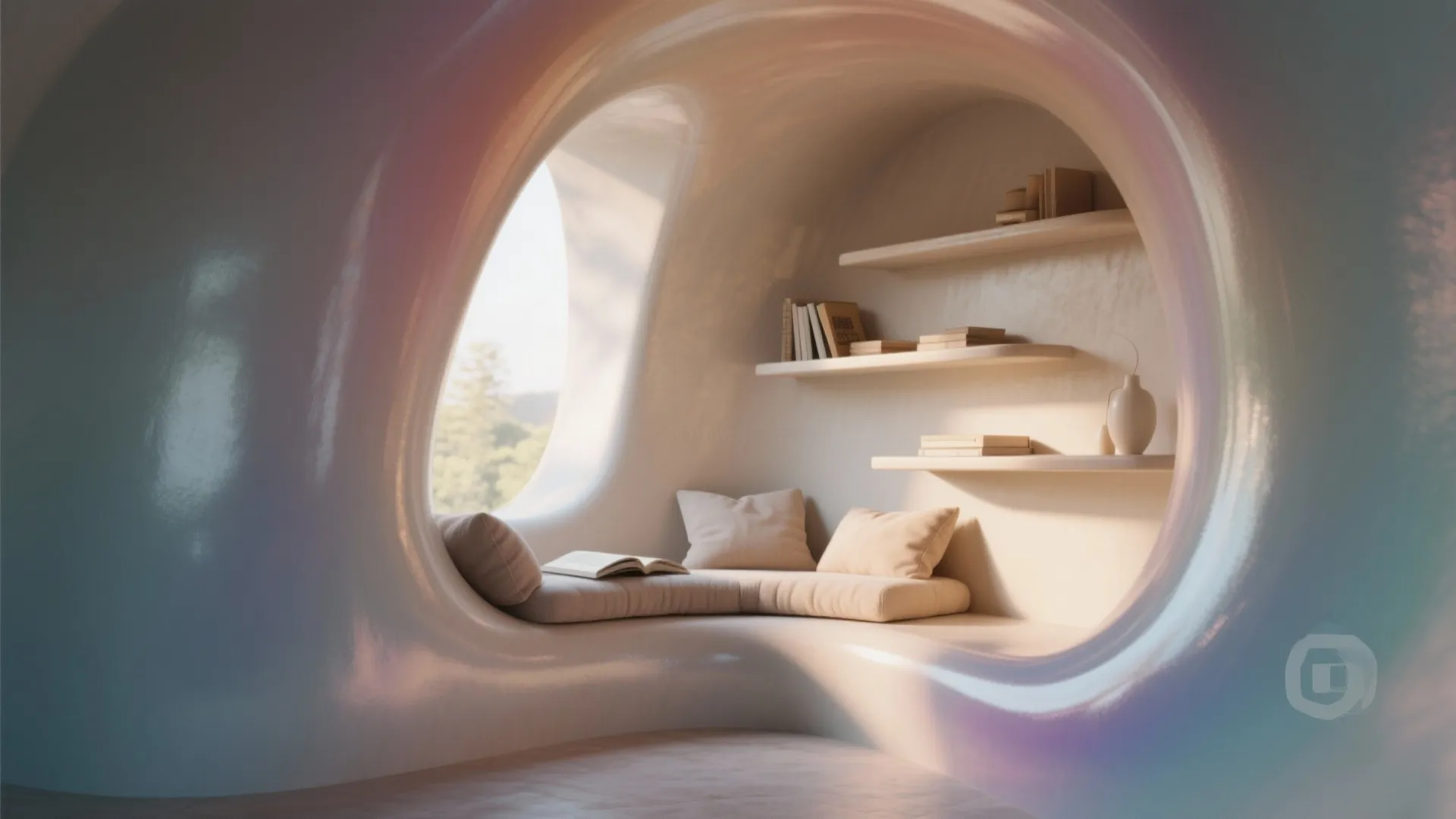 Alcove with a translucent glaze ombre on the back wall, changing sheen in morning light, cozy reading nook