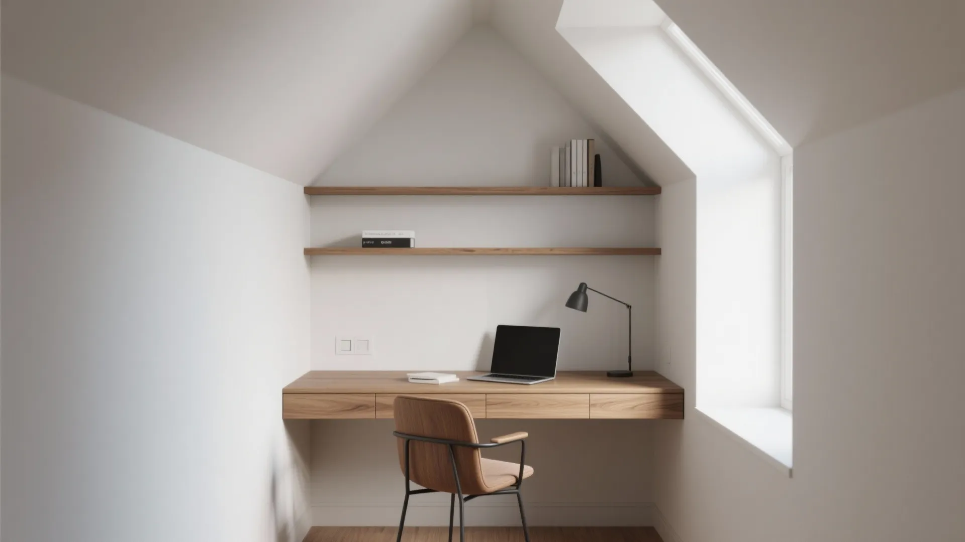 Alcove workspace with small desk, floating shelves and natural light