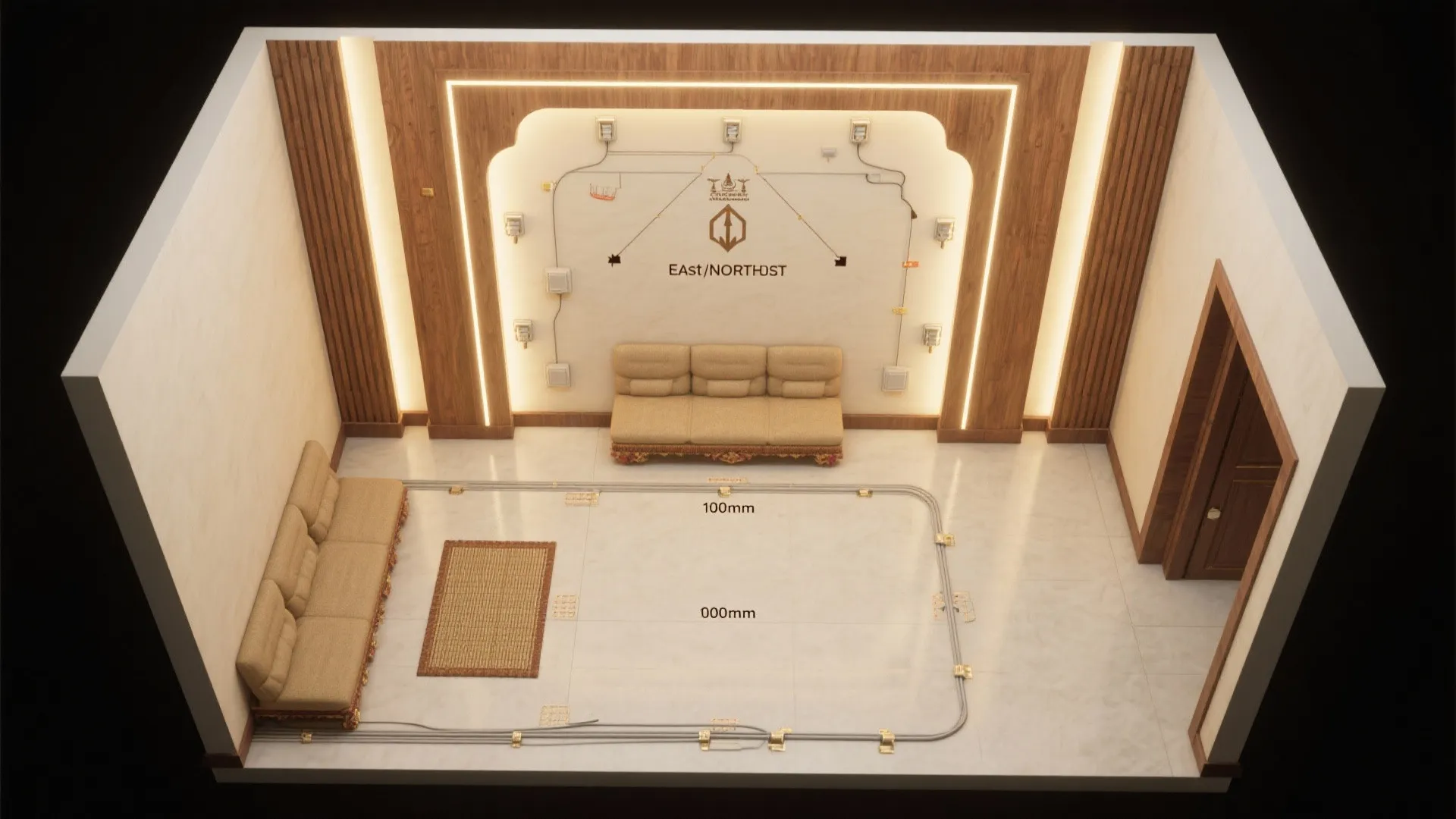 Interior design drawing of modern living room with beige sofas marble floor and wood panels