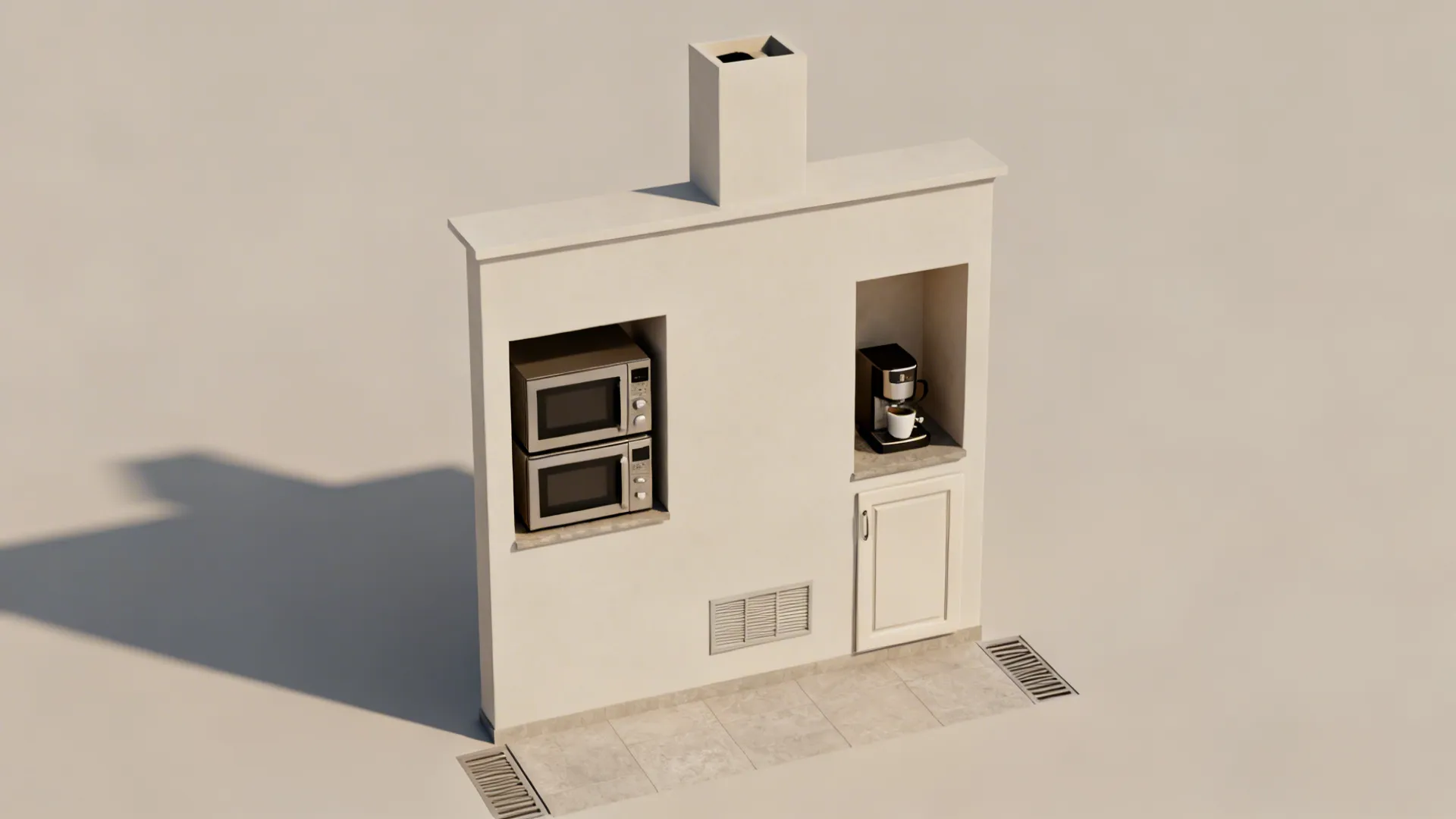 Top-down view of chimney breast wall showing alcove appliances, clearances, and landing zones.