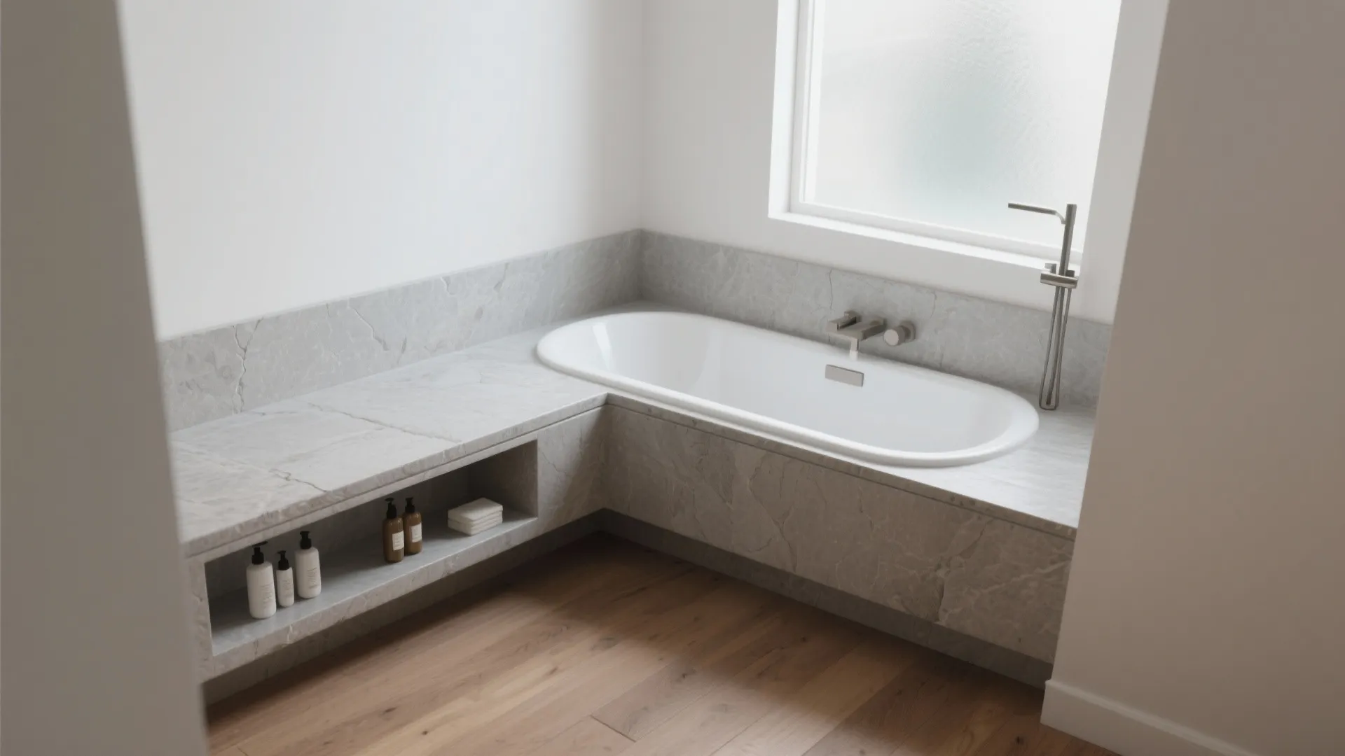 Built-in alcove corner bathtub with a continuous single-piece stone storage ledge and minimalist finishes.