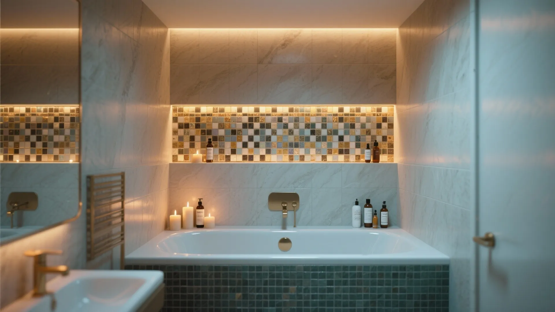 Alcove deep tub with integrated waterproof ledge and recessed lighting for toiletries and décor.