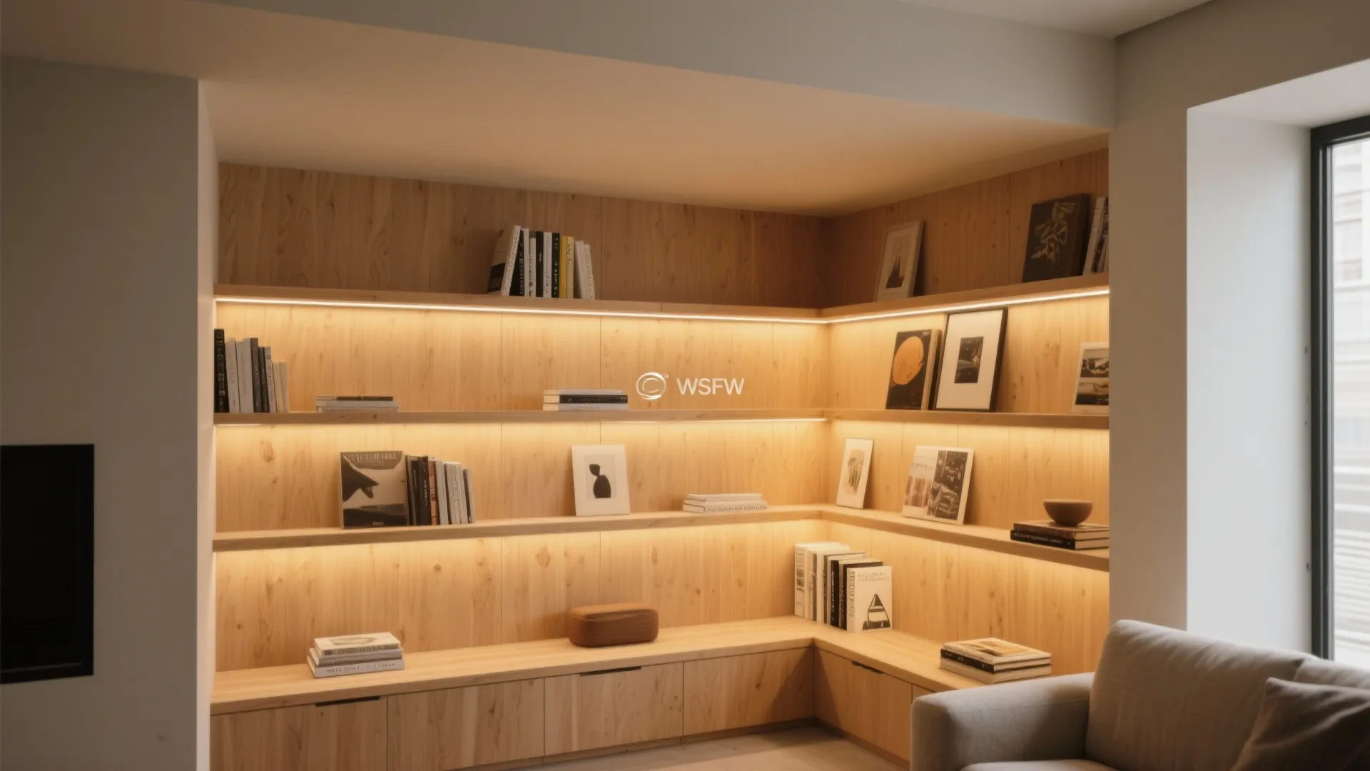 Wooden corner shelving unit with warm light strips displaying books and framed pictures in room