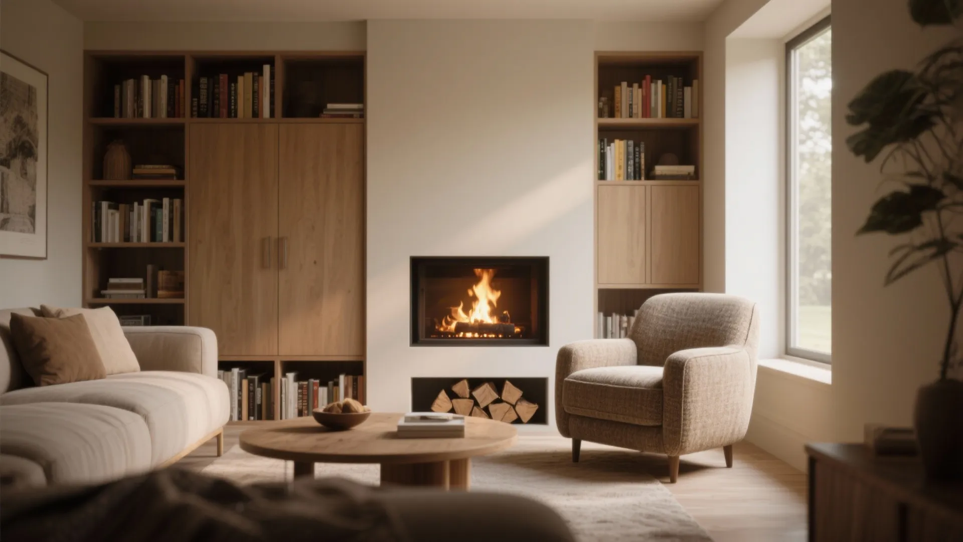 Alcove integrated log burner with shelves and storage