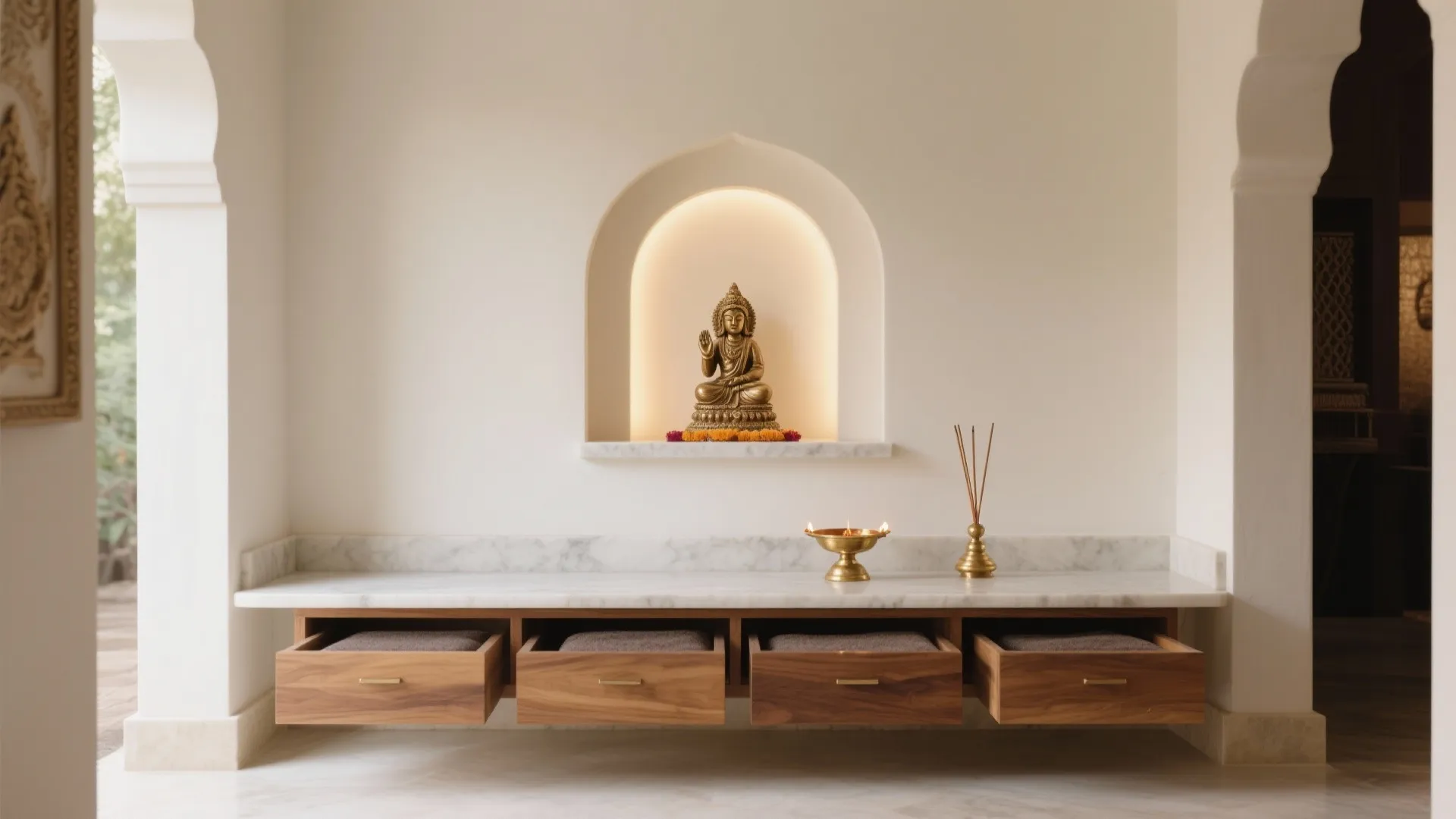 Small golden statue in wall niche above marble counter with open wood drawers for storage