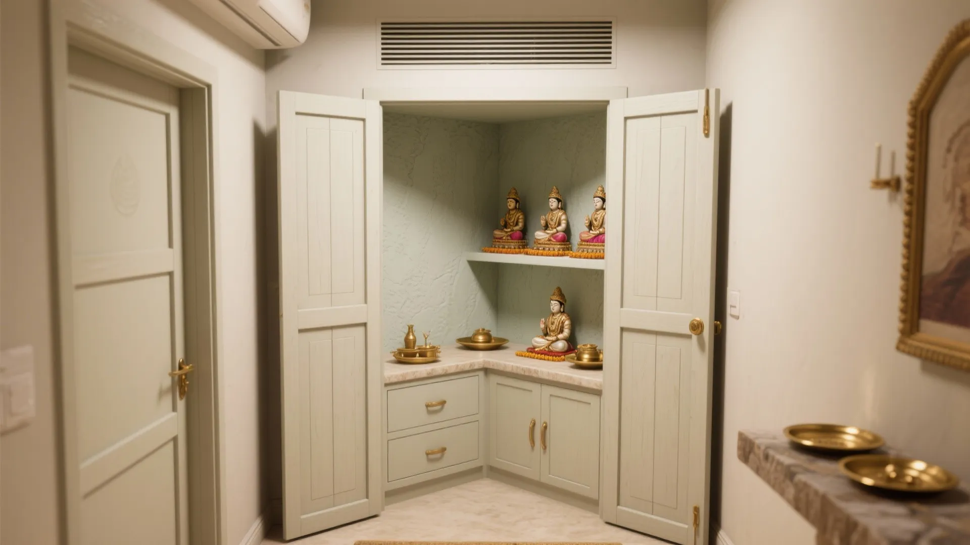 Compact Alcove Mandir with Smart Storage (Doors, Drawers, and a Calm Backdrop)
