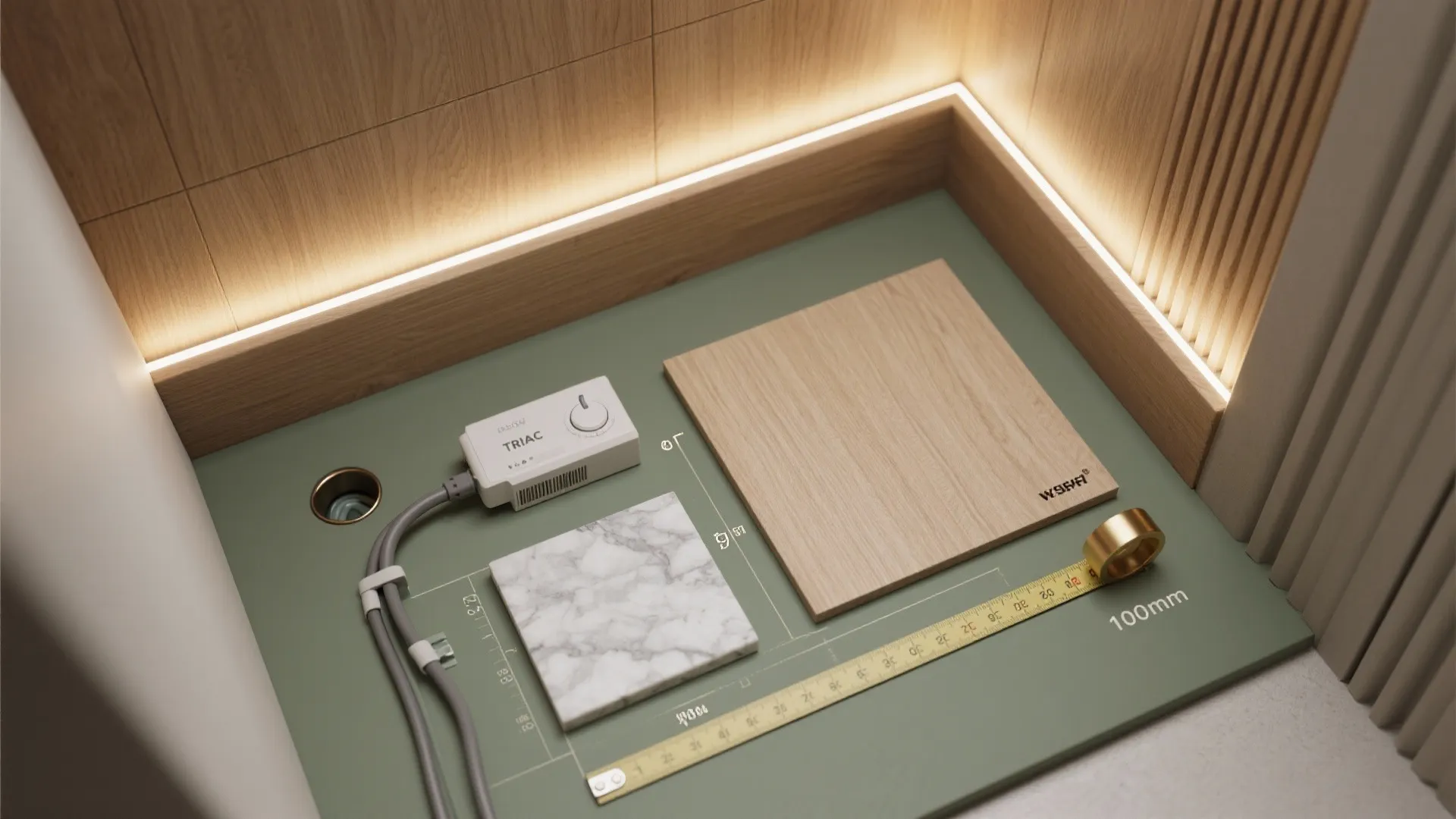 Interior design materials including wood panel marble tile tape measure and light controller on desk