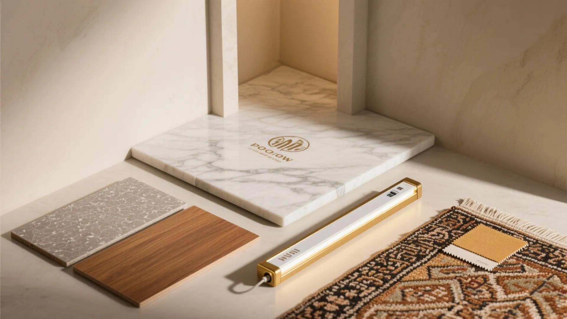 Top-down flat lay of stone-look panels, wood veneer, matte laminates, LED strip, and brass trim.