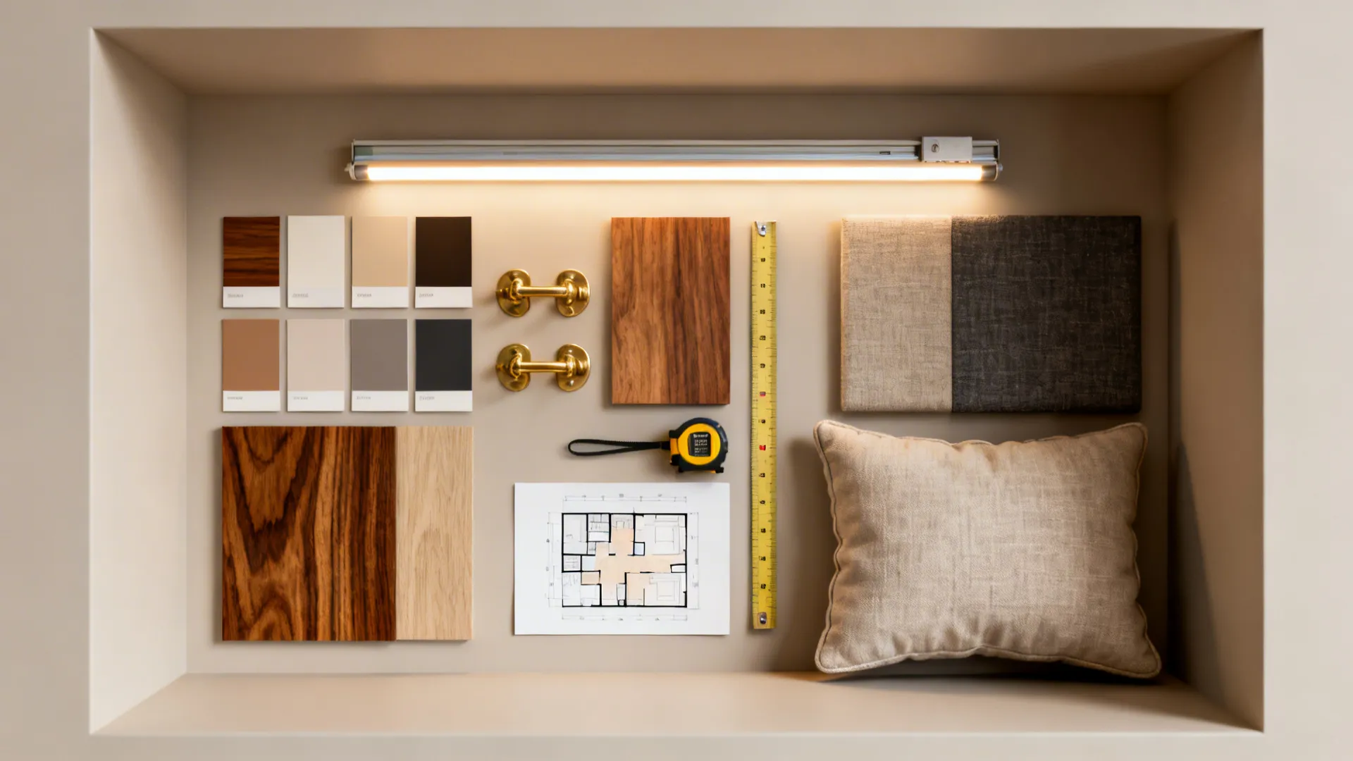 Material flatlay with paint chips, wood samples, and LED strips for planning an alcove build.