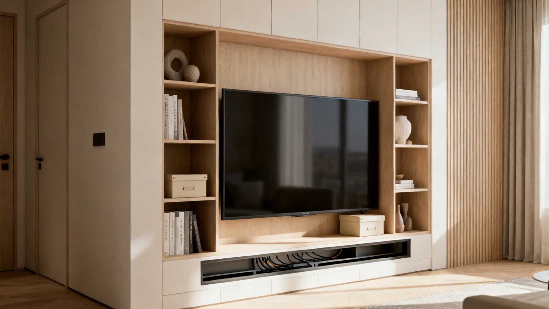 Recessed alcove media wall with framed TV, open shelves and hidden cable chases