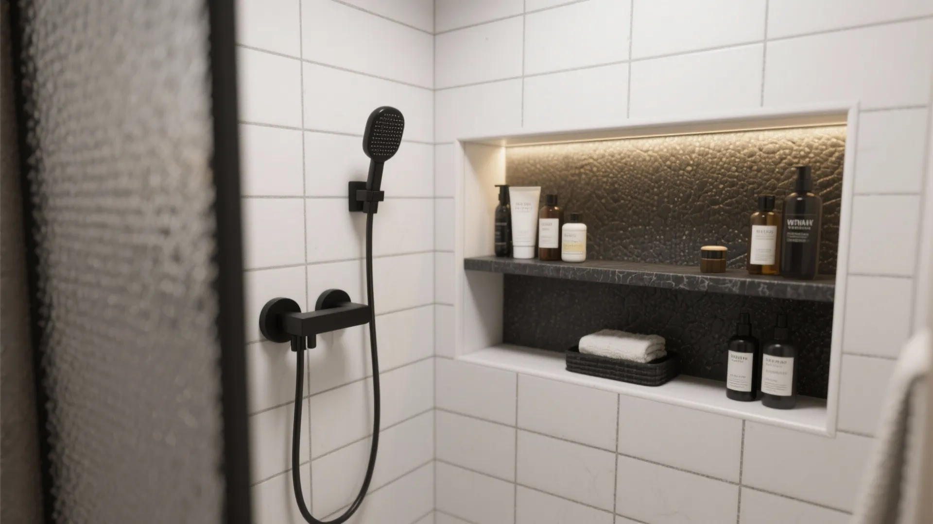 4. Compact alcove shower with recessed shelving