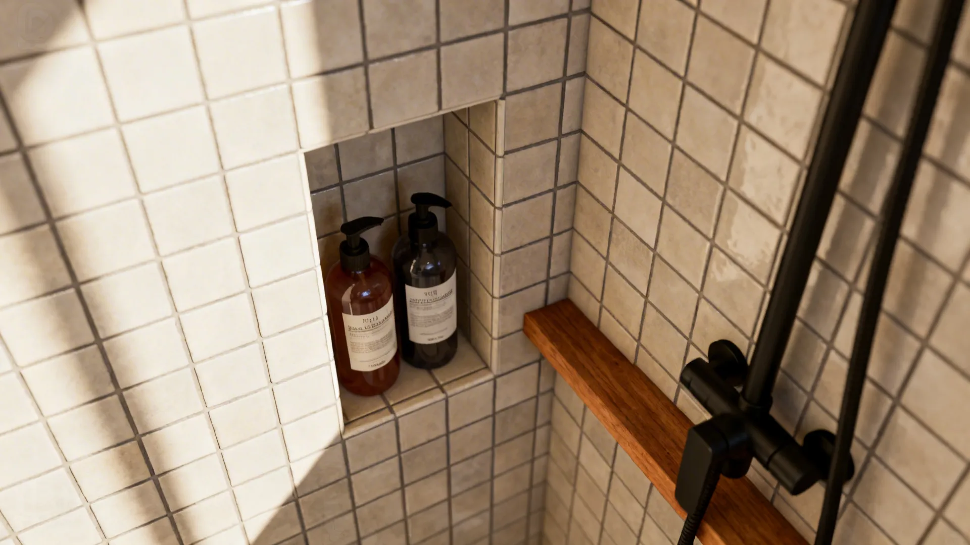 Compact alcove shower with recessed tiled niche holding shampoos and matte black fixtures