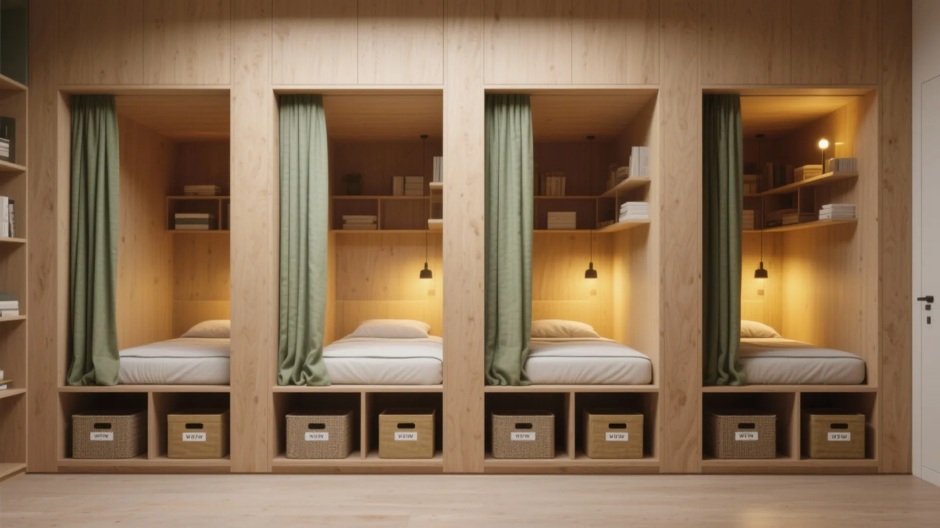 5. Alcove beds, curtains and storage walls to create four niches
