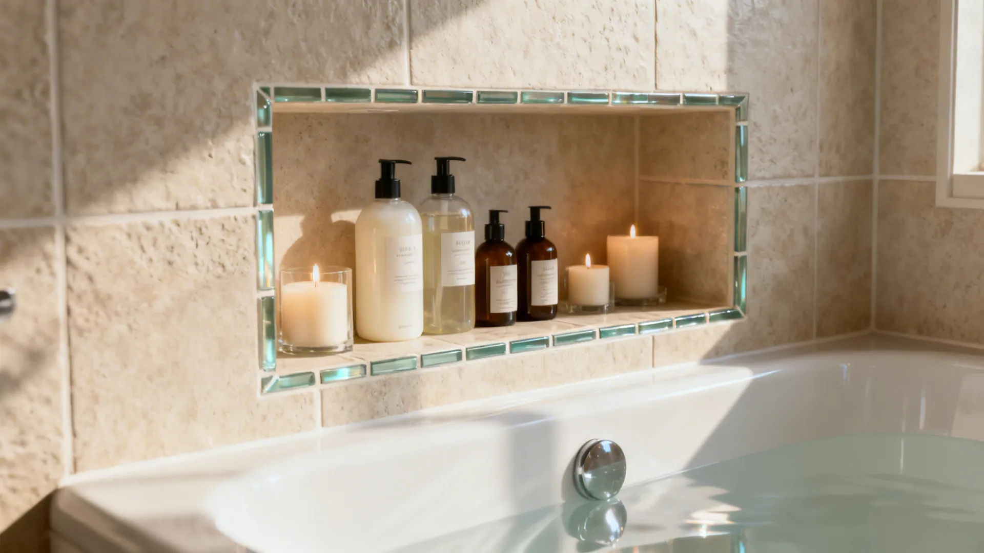Recessed shower niches above a compact alcove tub with toiletries and candles