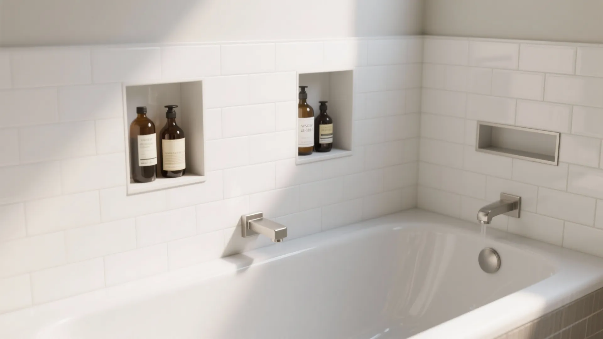 Close-up of flush tub wall niches with solid-surface sloped sill and satin tile.