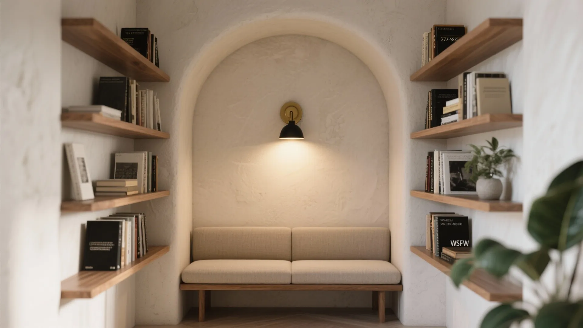 Small seating area with a simple sofa wall light and wooden shelves filled with books