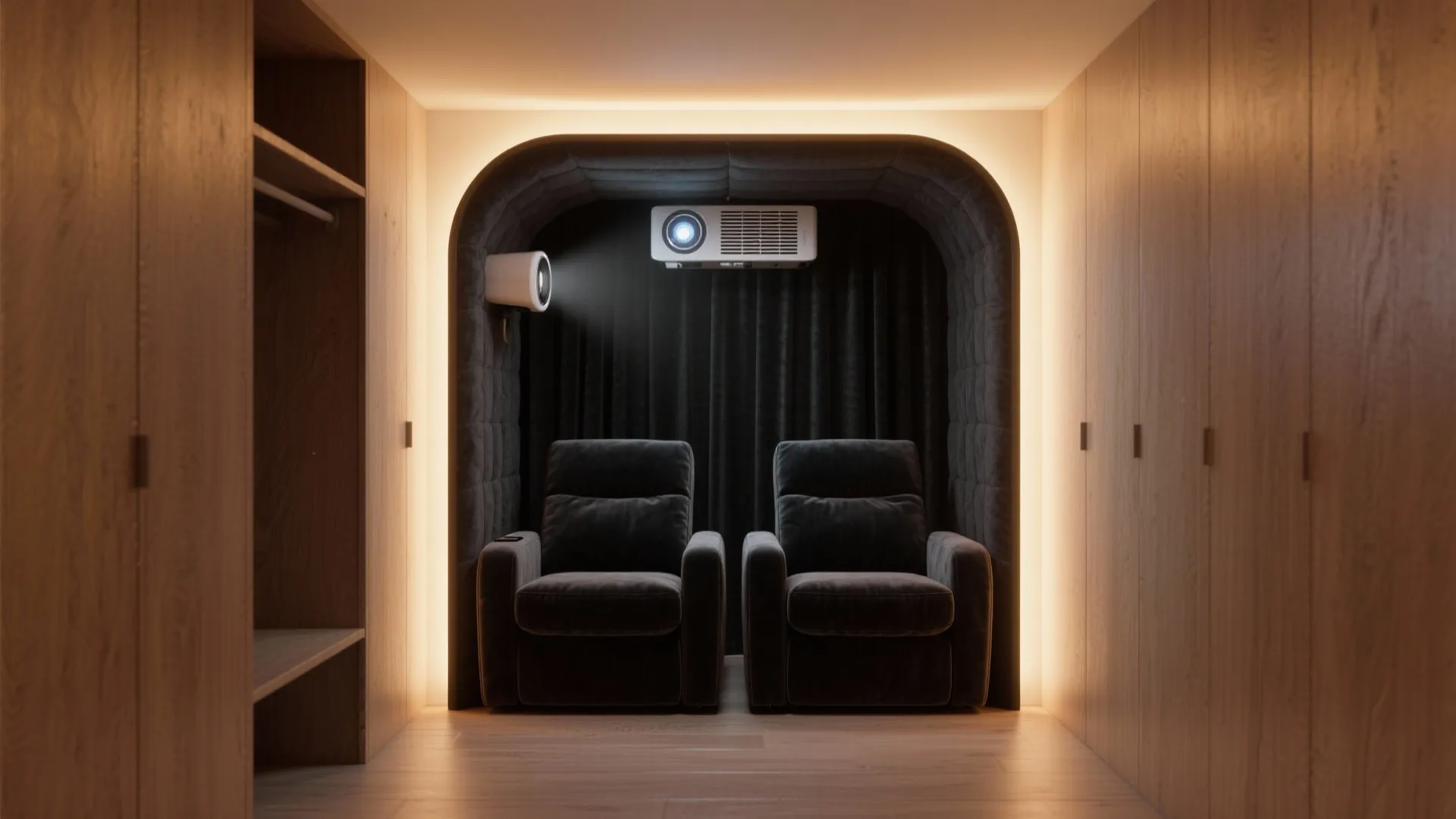 Small home cinema nook with two dark armchairs projector black curtains and wooden storage cabinets