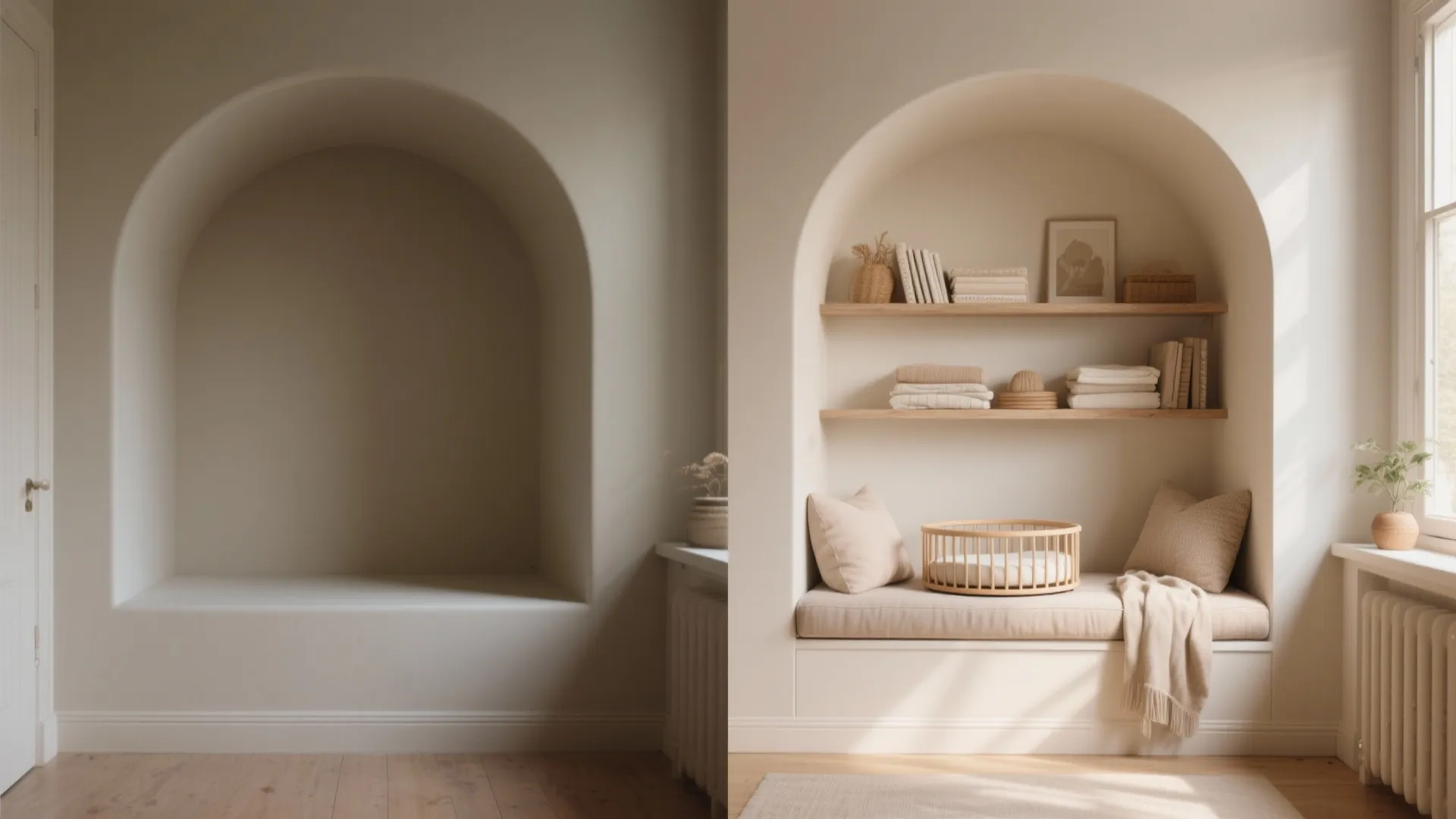 Before and after comparison of empty wall alcove versus decorated cozy reading nook with shelves