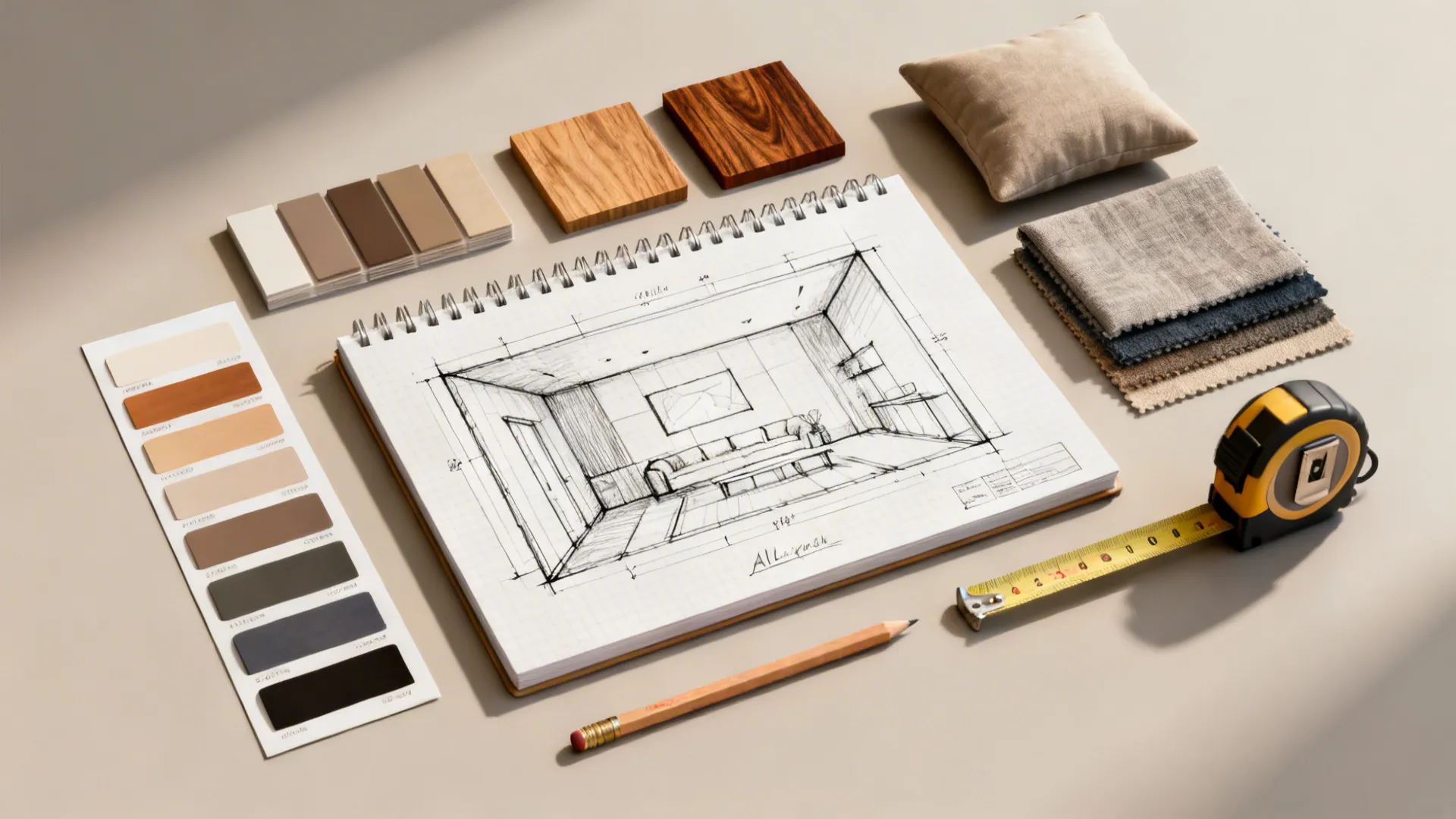 Flatlay of alcove planning tools including sketches, swatches and samples