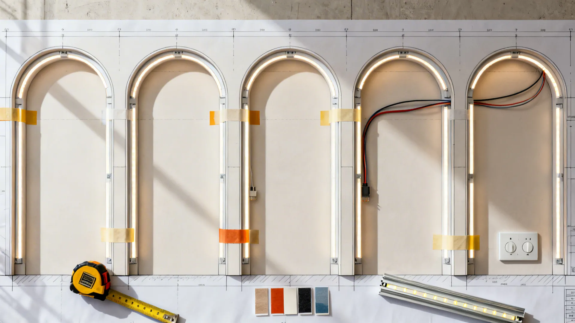 Top-down layout with arched niche spacing, LED channels, and dimmer planning using tape and samples.