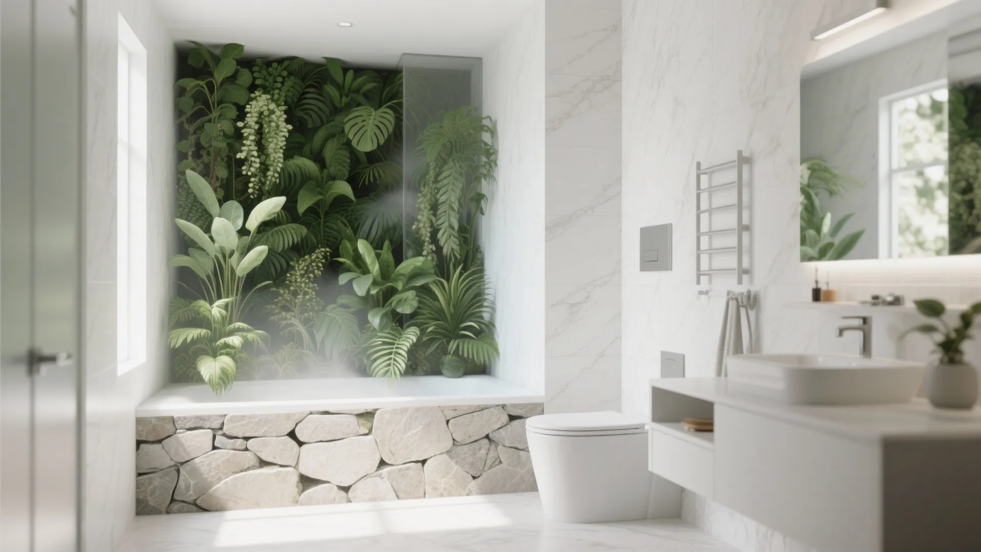 Modern white bathroom with stone bathtub base indoor green plants wall toilet and sleek white vanity